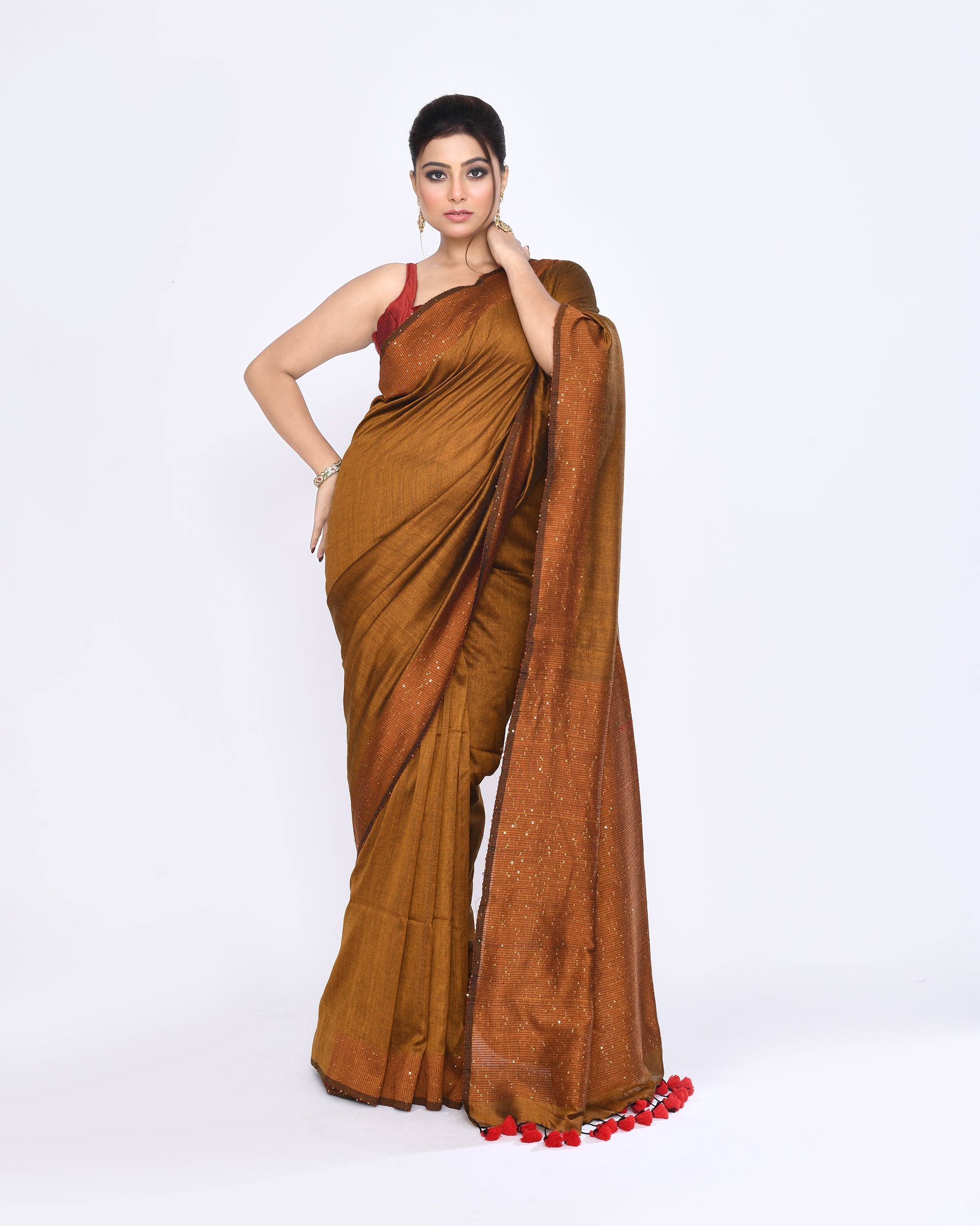 Piyari Fashion Women's Bronze Embellished Sequined Cotton Saree - Distacart