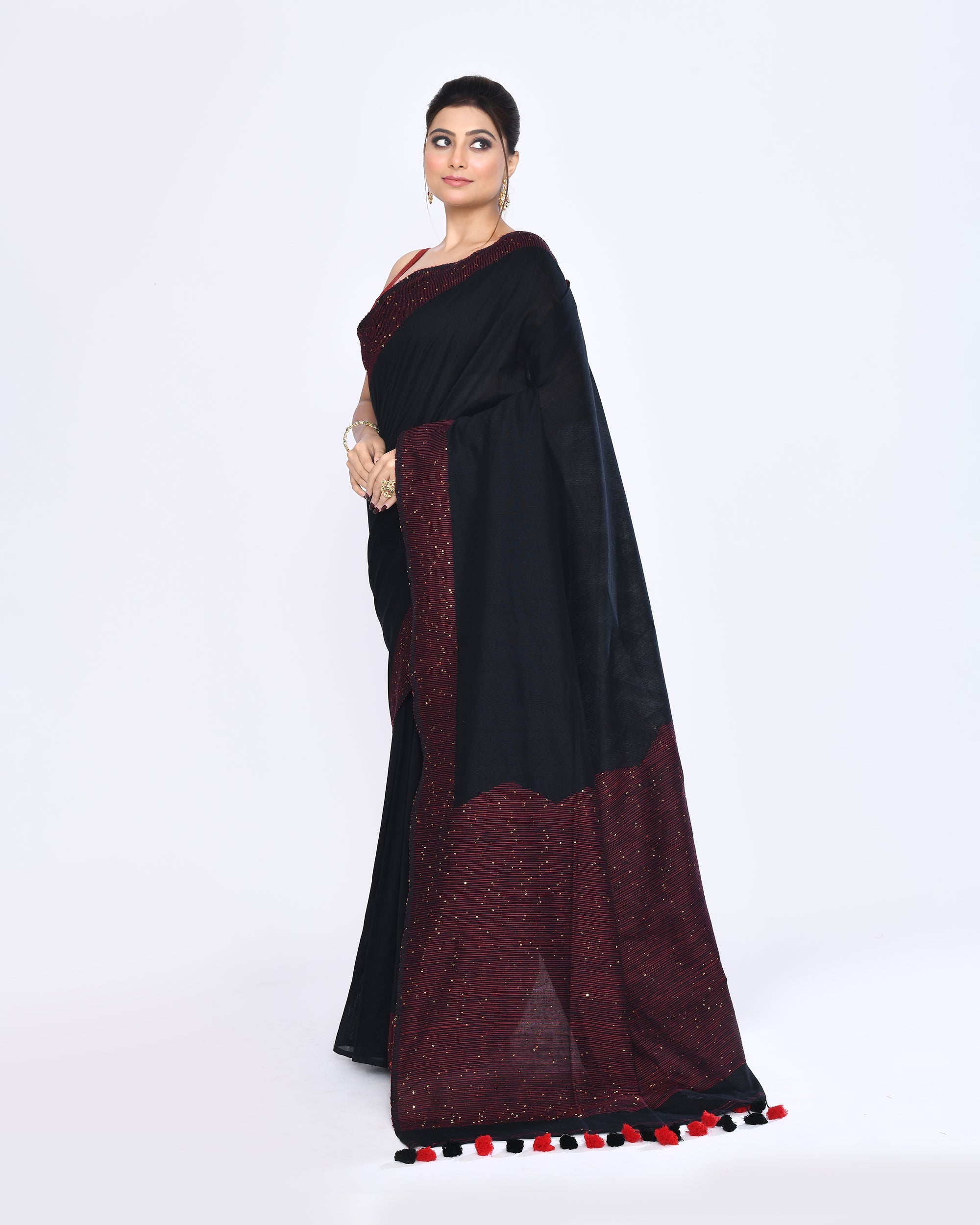 Piyari Fashion Women's Black Embellished Sequined Cotton Saree - Distacart
