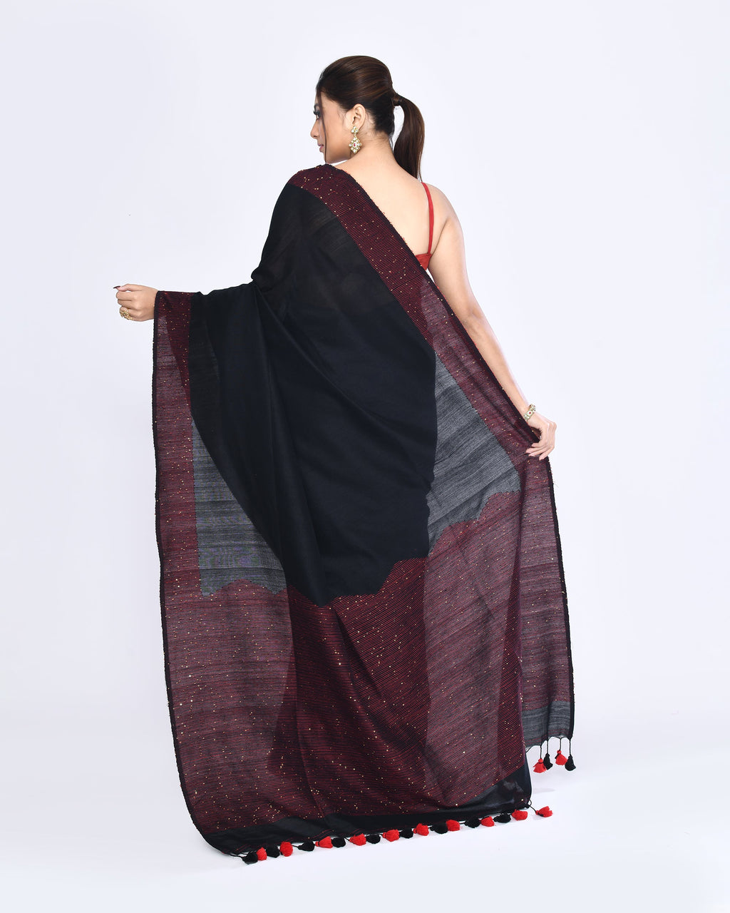 Piyari Fashion Women's Black Embellished Sequined Cotton Saree - Distacart