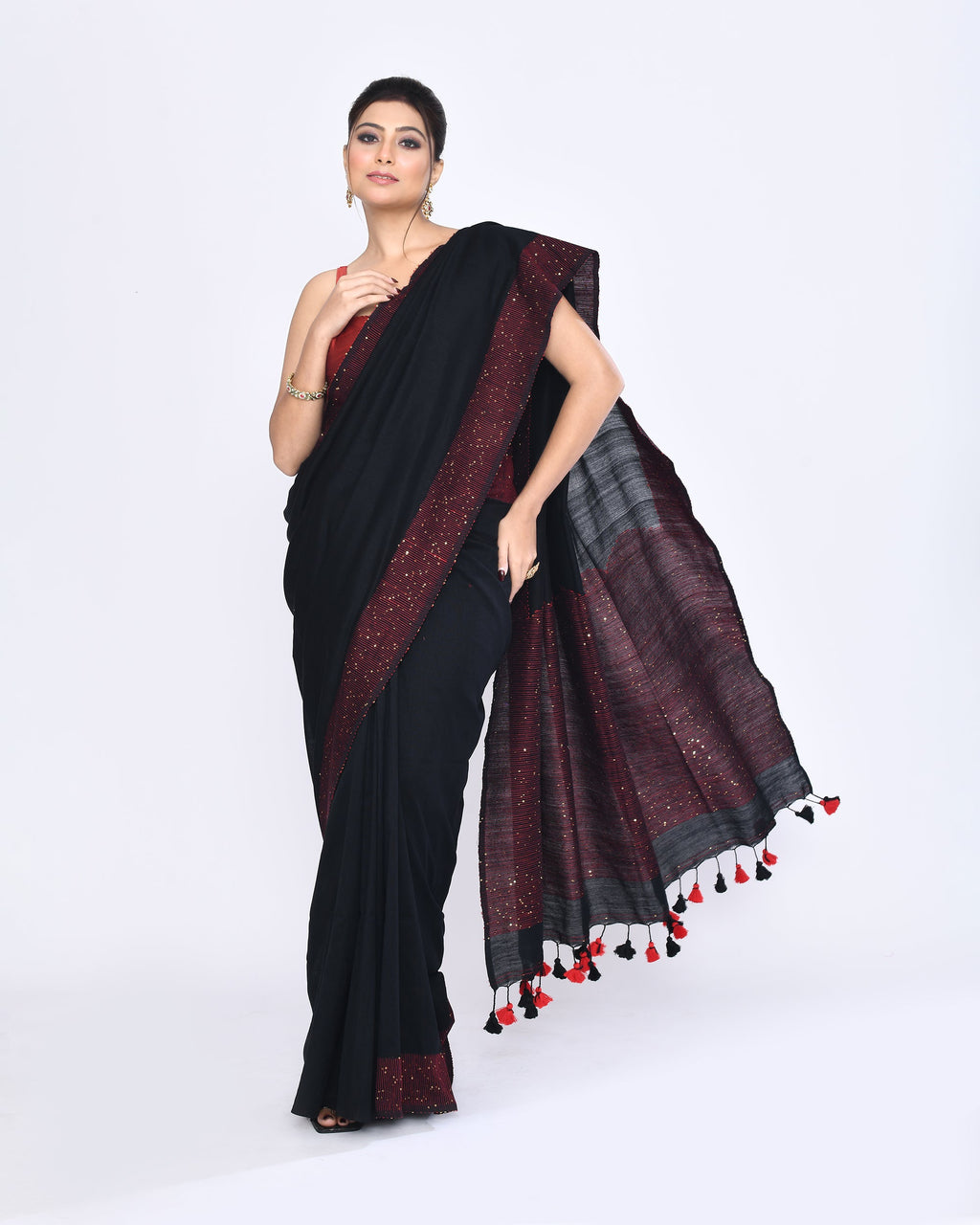 Piyari Fashion Women's Black Embellished Sequined Cotton Saree - Distacart