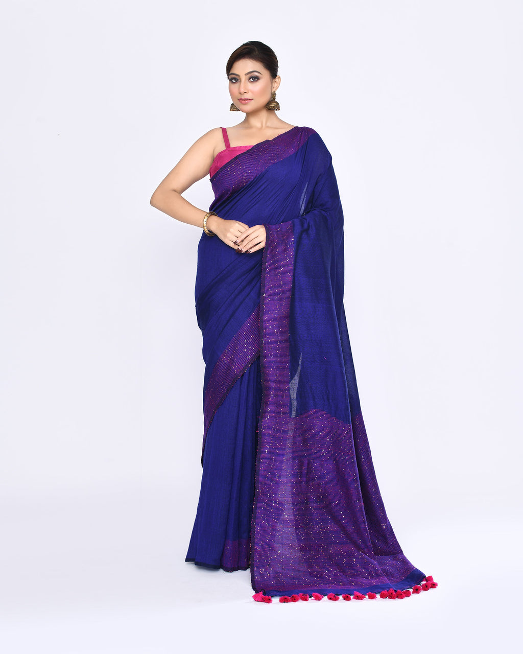 Piyari Fashion Women's Blue Embellished Sequined Cotton Saree - Distacart