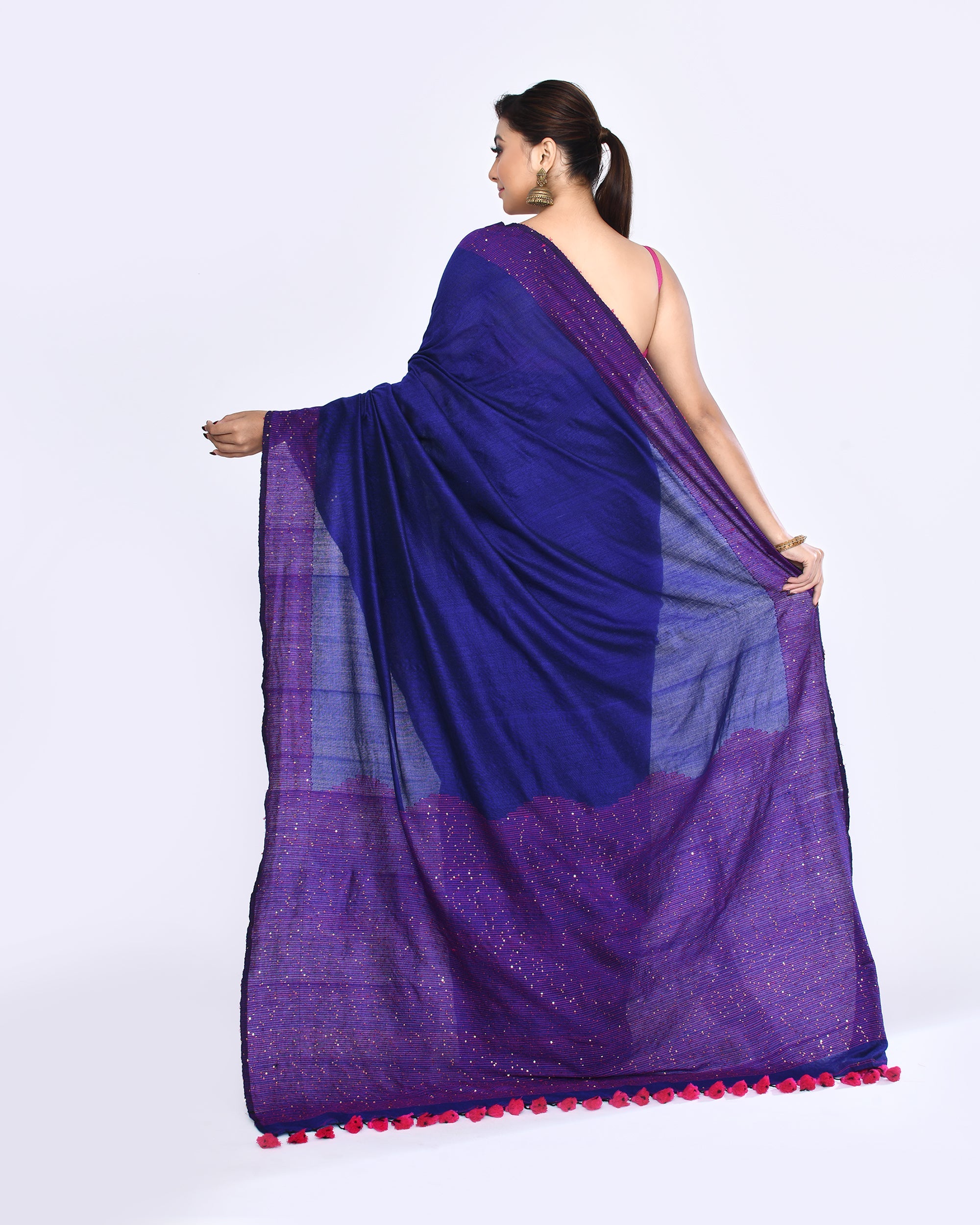 Piyari Fashion Women's Blue Embellished Sequined Cotton Saree - Distacart