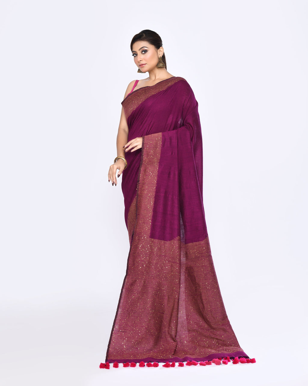Piyari Fashion Women's Magenta Embellished Sequined Cotton Saree - Distacart