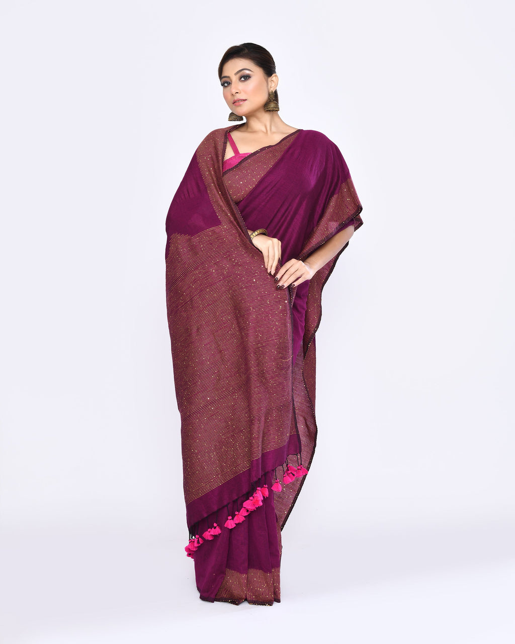 Piyari Fashion Women's Magenta Embellished Sequined Cotton Saree - Distacart