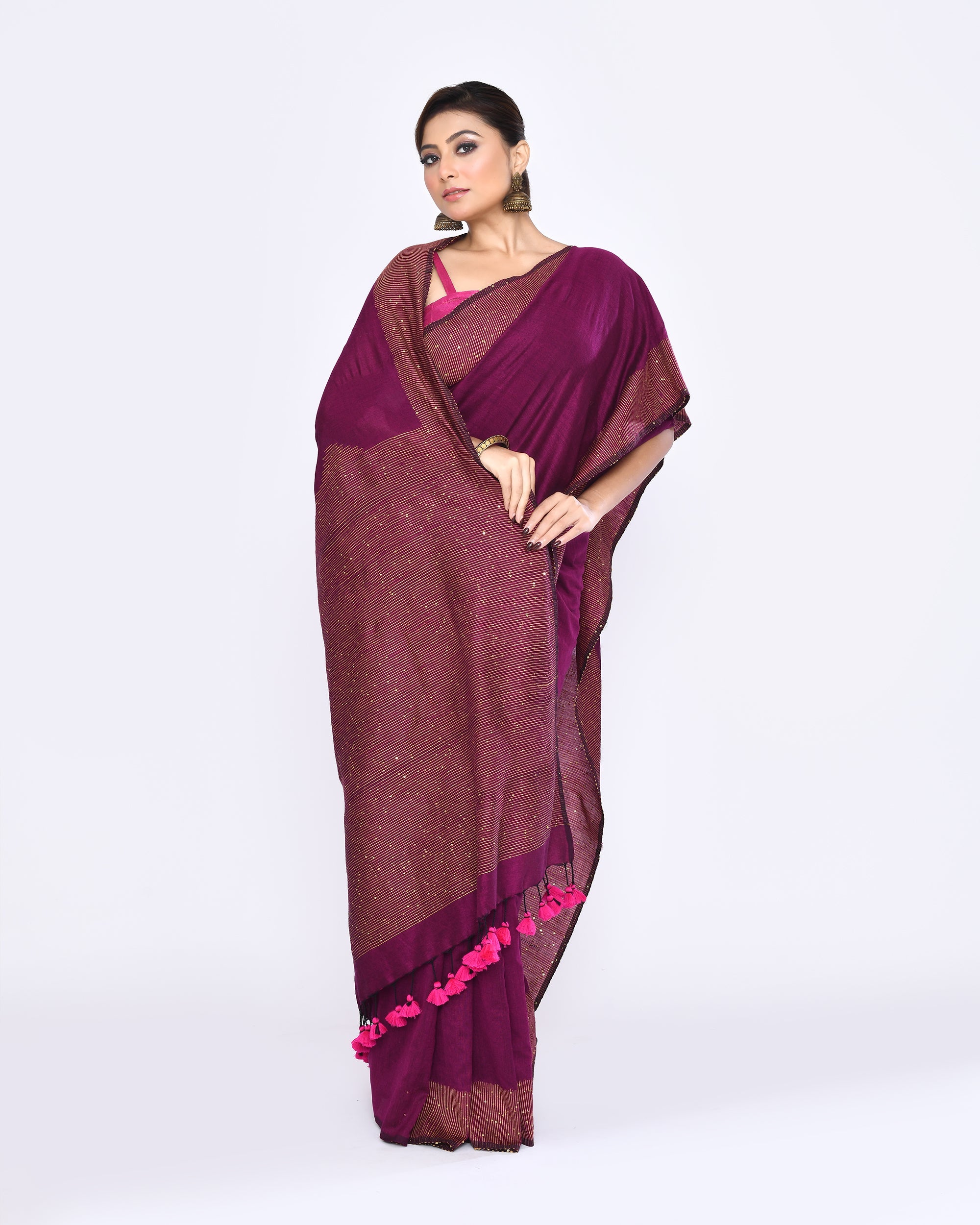 Piyari Fashion Women's Magenta Embellished Sequined Cotton Saree - Distacart