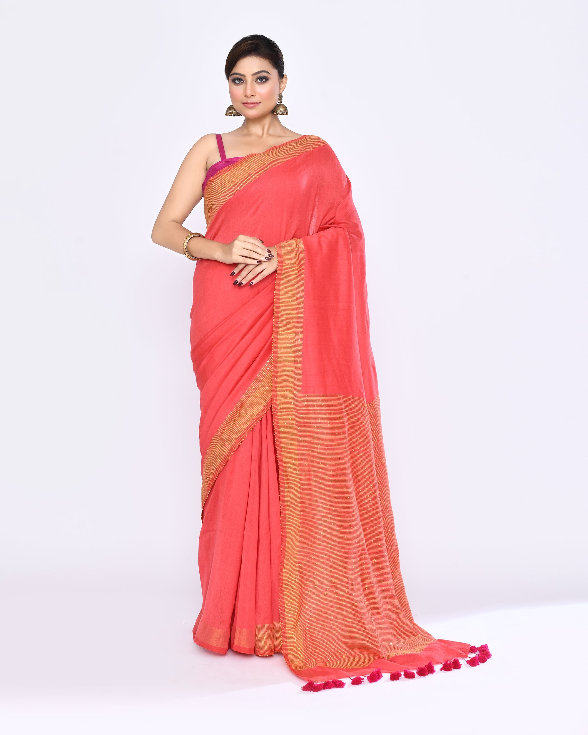 Piyari Fashion Women's Tomato Red Embellished Sequined Cotton Saree - Distacart