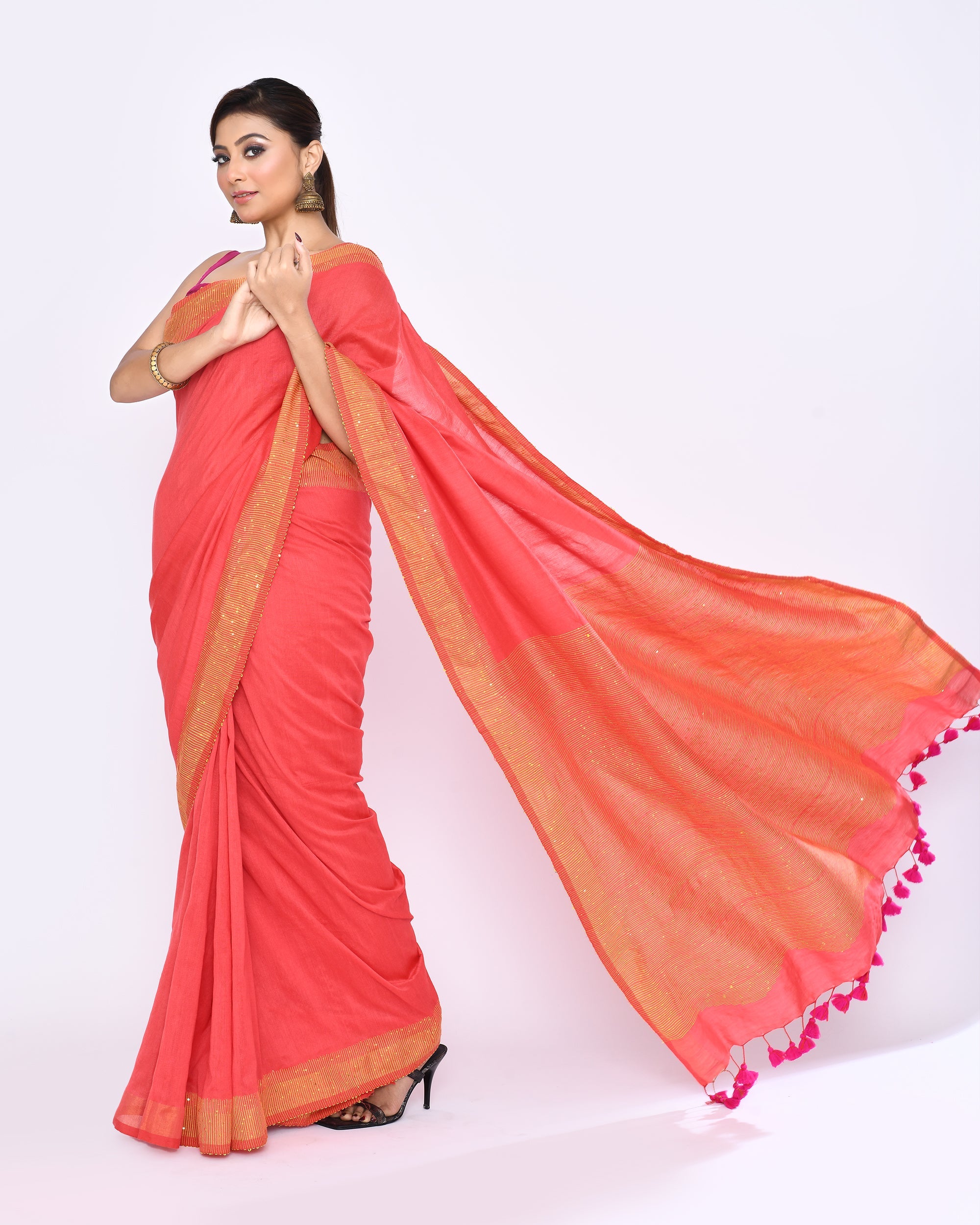 Piyari Fashion Women's Tomato Red Embellished Sequined Cotton Saree - Distacart
