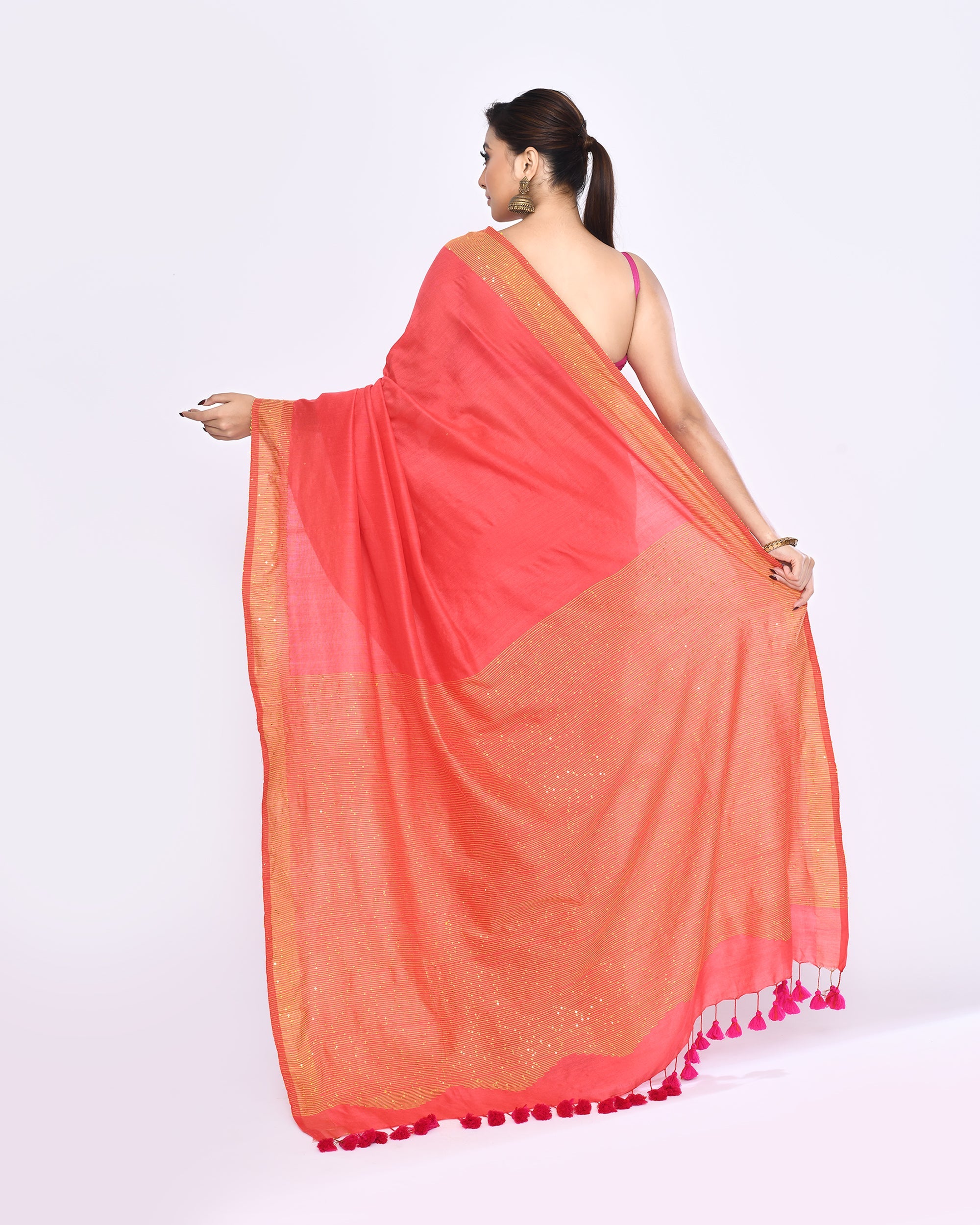 Piyari Fashion Women's Tomato Red Embellished Sequined Cotton Saree - Distacart