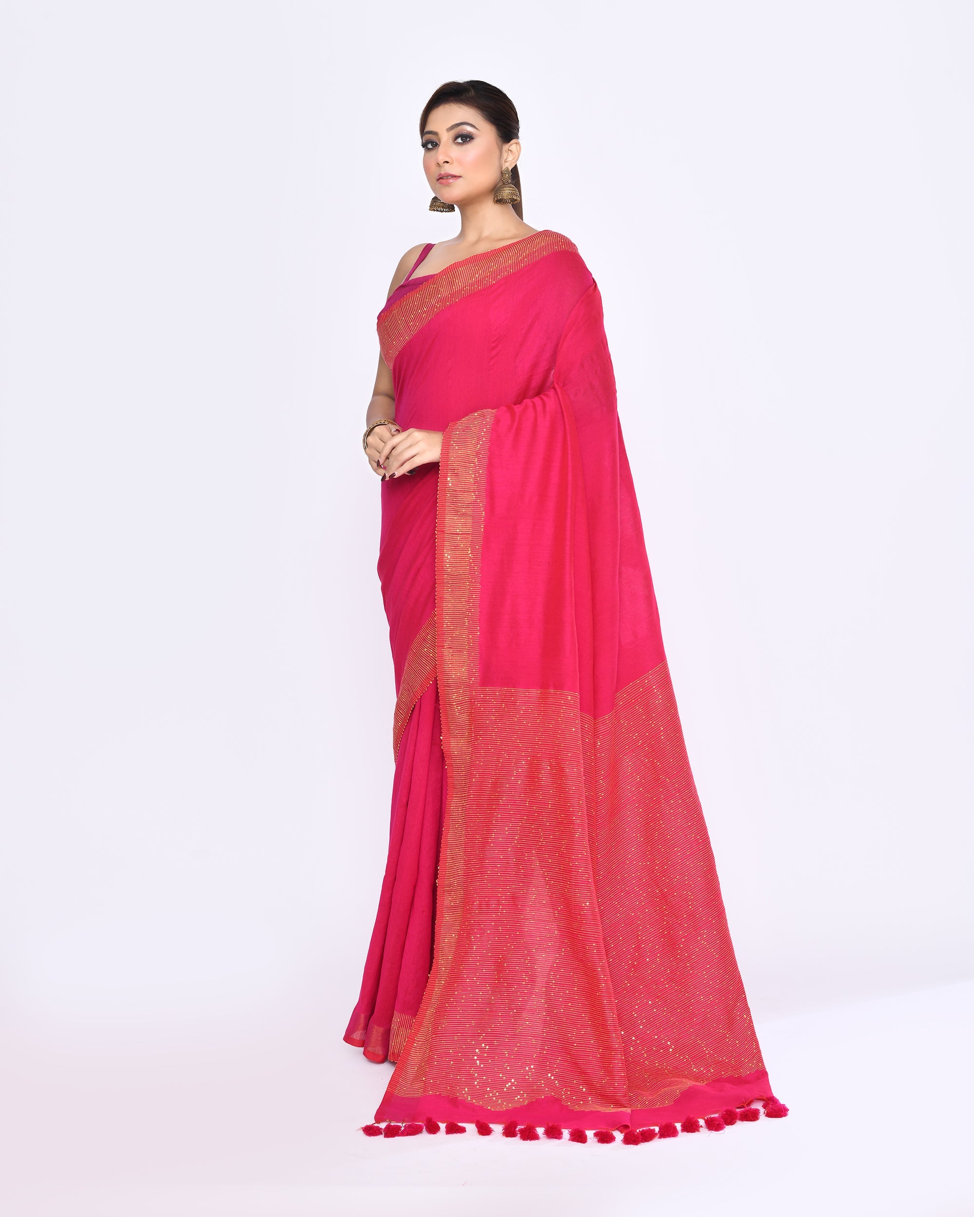 Piyari Fashion Women's Rani Pink Embellished Sequined Cotton Saree - Distacart