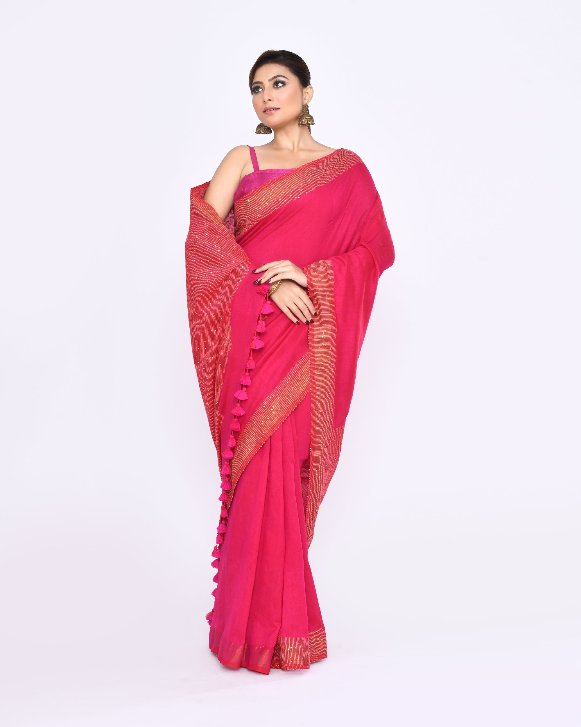 Piyari Fashion Women's Rani Pink Embellished Sequined Cotton Saree - Distacart
