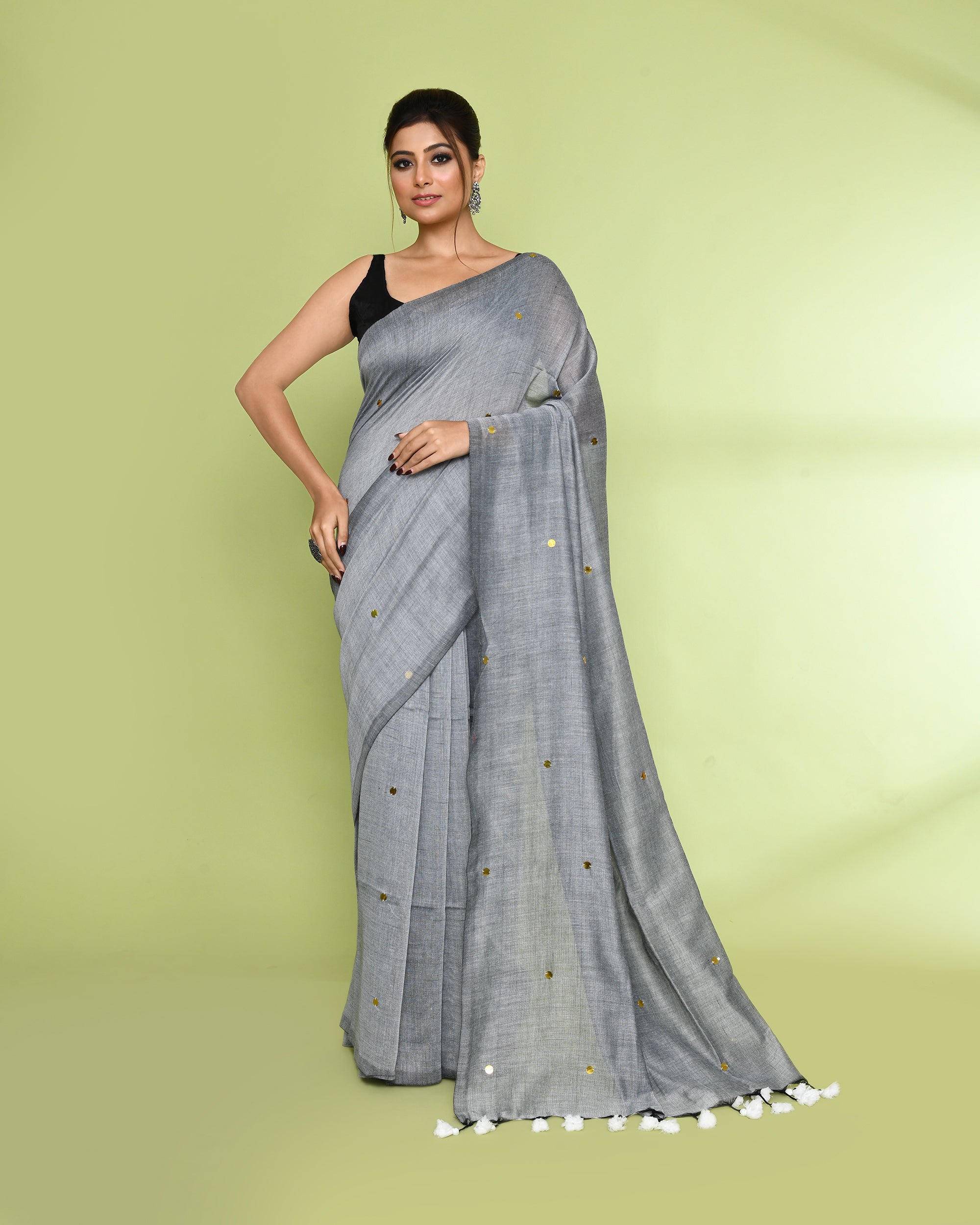 Piyari Fashion Women's Silver Grey Embellished Sequined Cotton Saree - Distacart