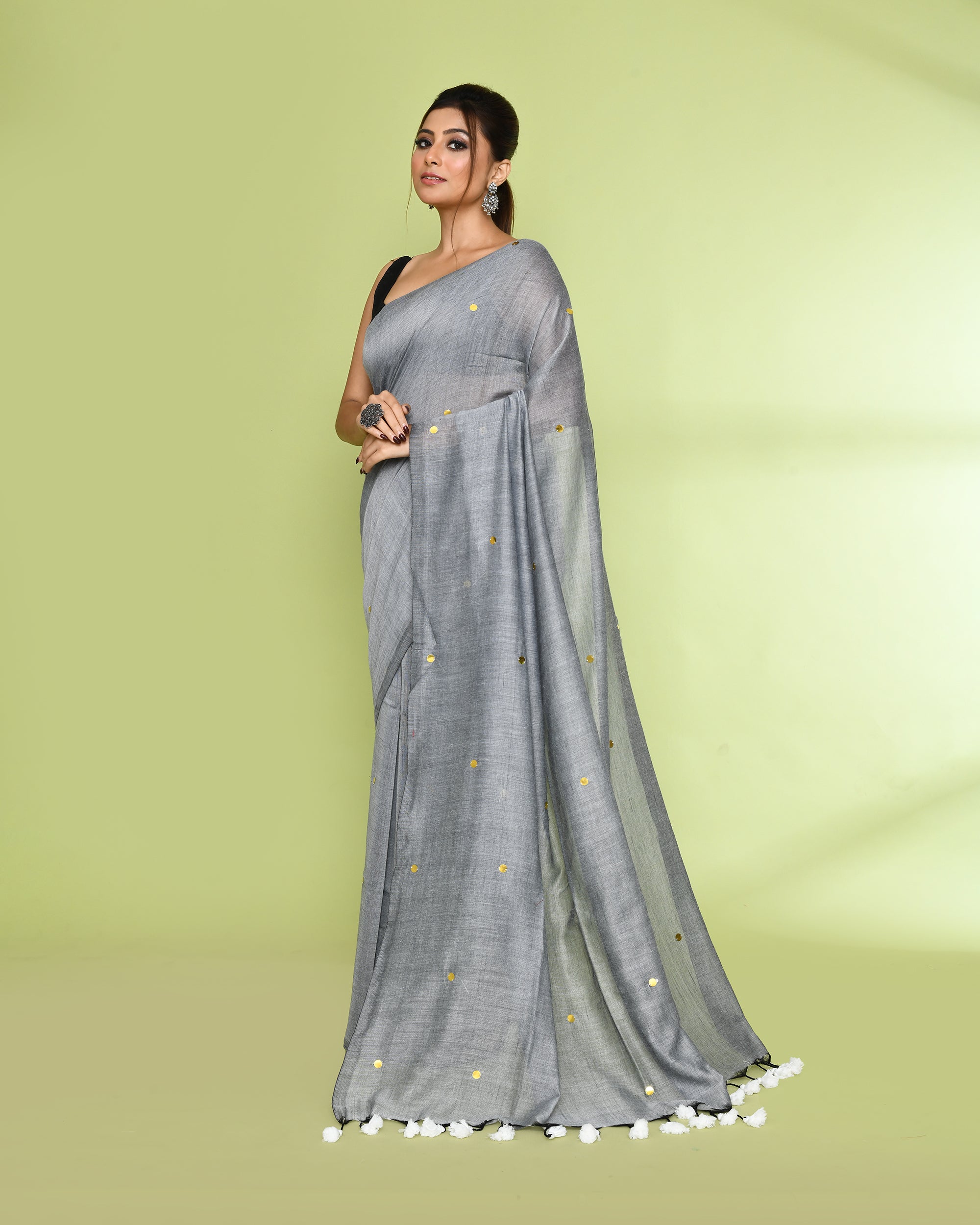 Piyari Fashion Women's Silver Grey Embellished Sequined Cotton Saree - Distacart