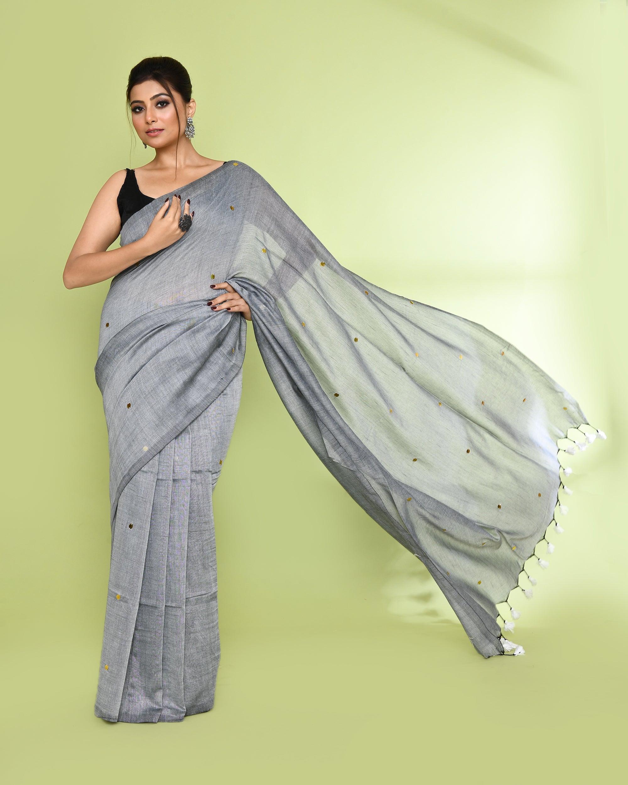 Piyari Fashion Women's Silver Grey Embellished Sequined Cotton Saree - Distacart