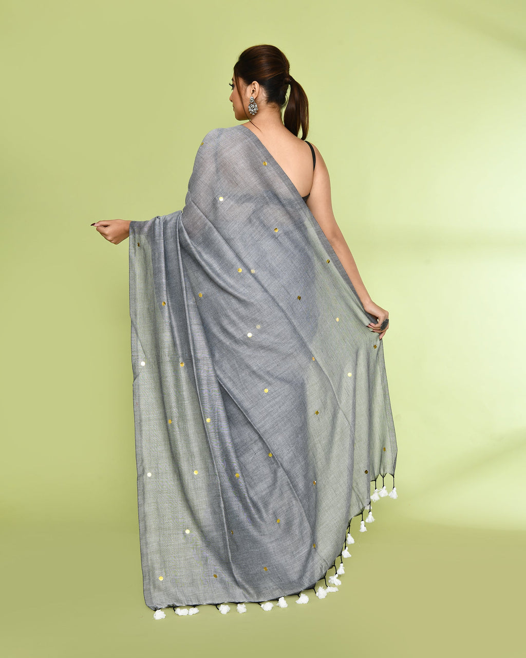 Piyari Fashion Women's Silver Grey Embellished Sequined Cotton Saree - Distacart