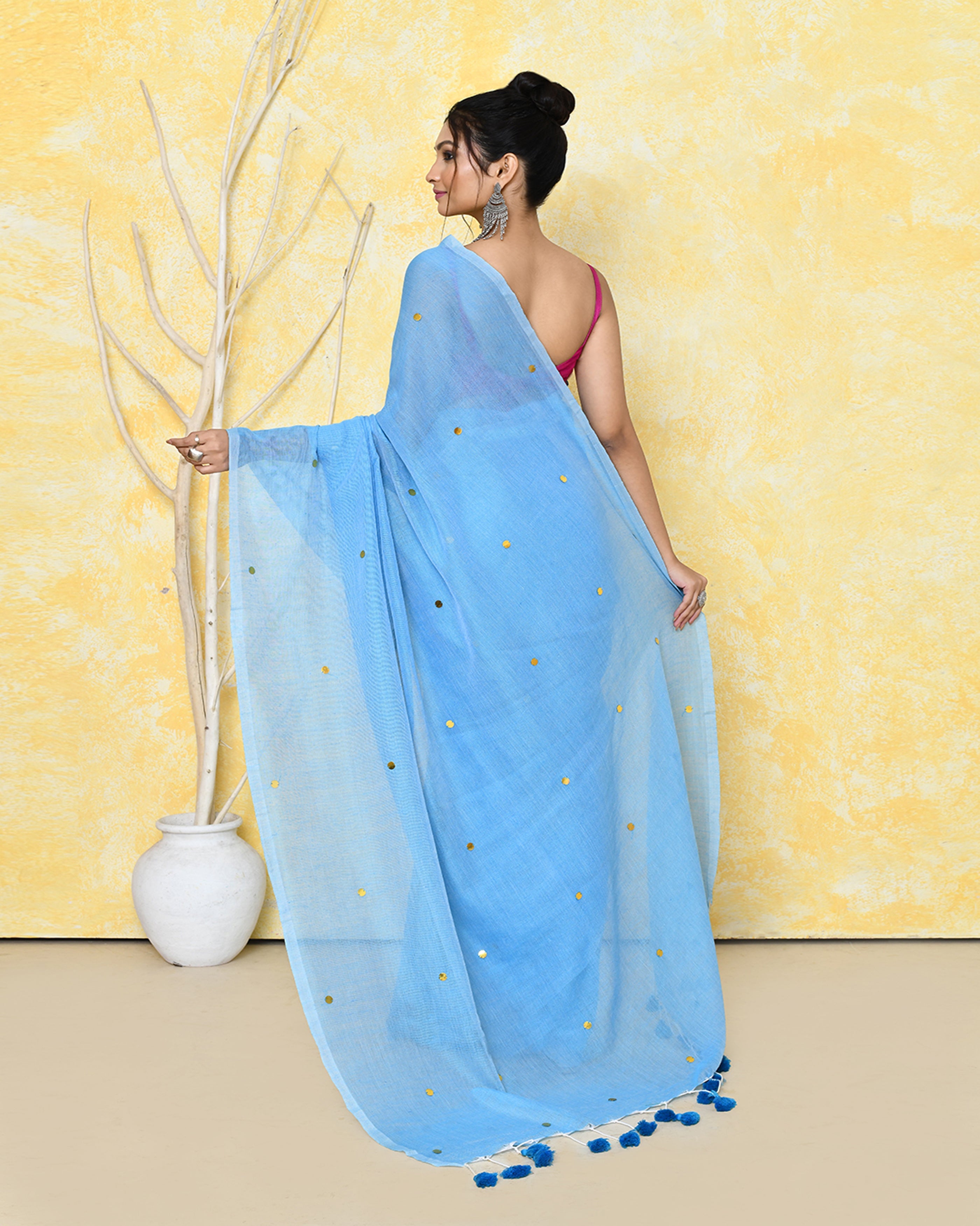 Piyari Fashion Women's Sky Blue Sequin Work Soft Pure Cotton Saree With Blouse Piece - Distacart