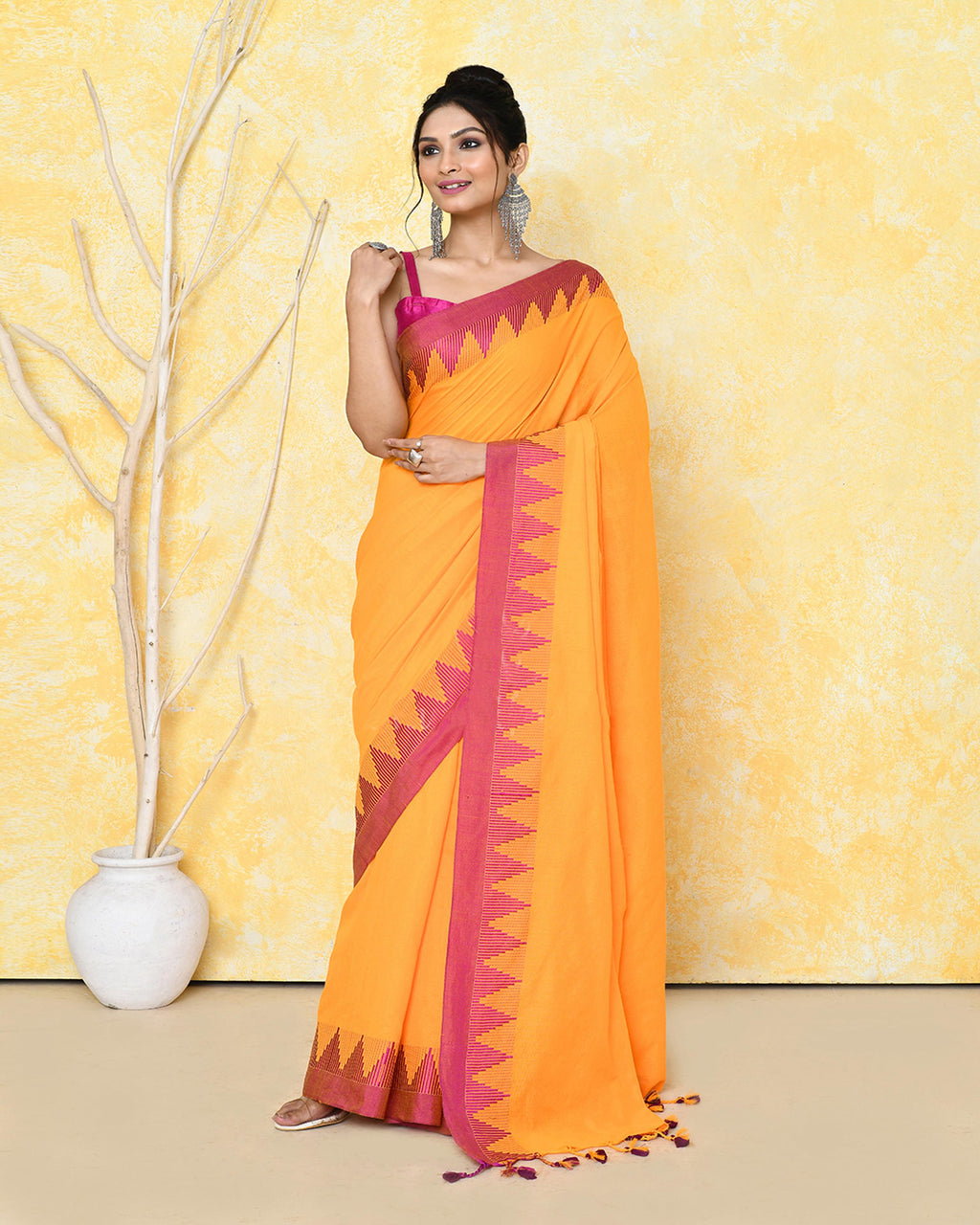Piyari Fashion Women's Mustard Yellow Hand Work Cotton Saree With Blouse Piece - Distacart