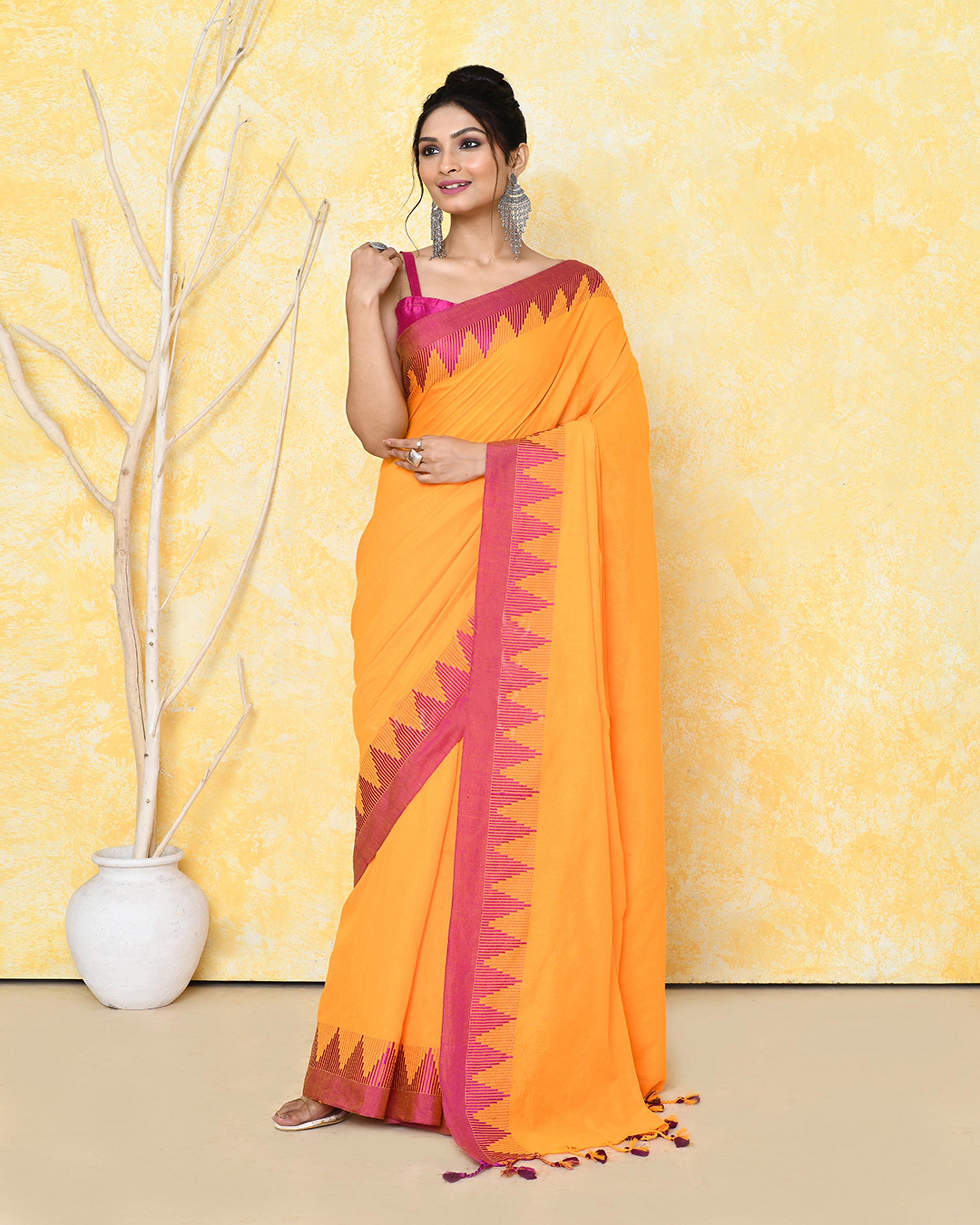 Piyari Fashion Women's Mustard Yellow Hand Work Cotton Saree With Blouse Piece - Distacart