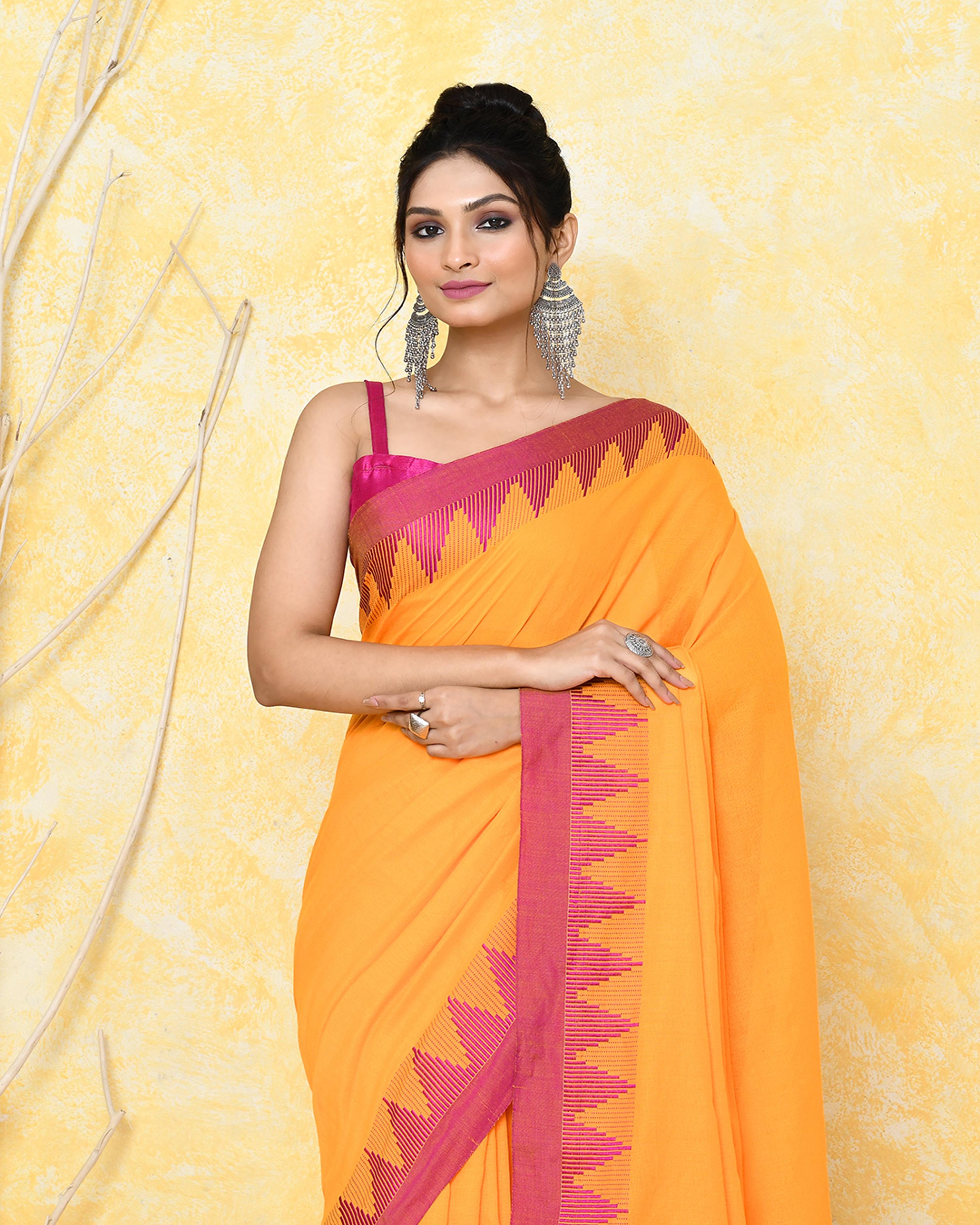 Piyari Fashion Women's Mustard Yellow Hand Work Cotton Saree With Blouse Piece - Distacart