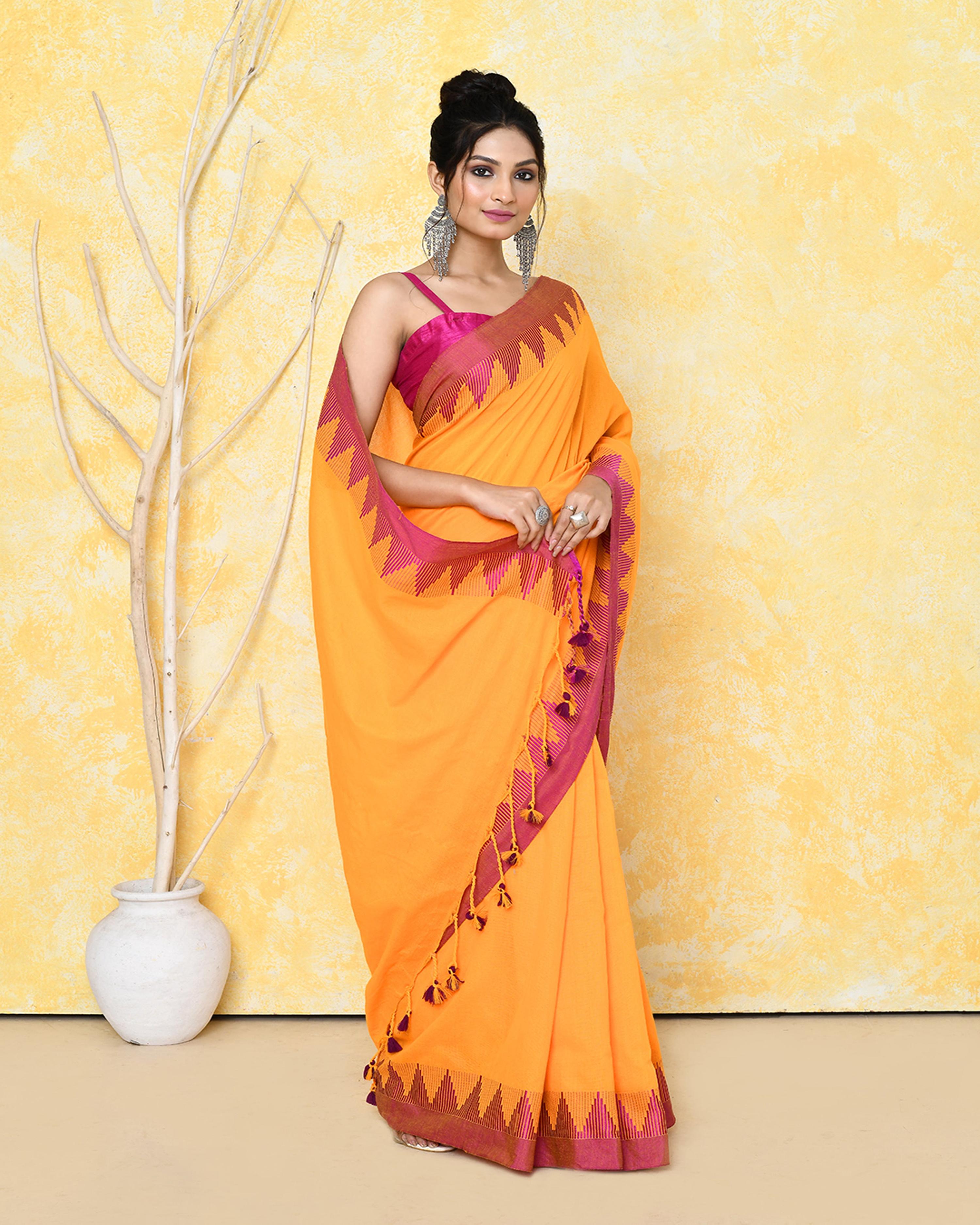 Piyari Fashion Women's Mustard Yellow Hand Work Cotton Saree With Blouse Piece - Distacart
