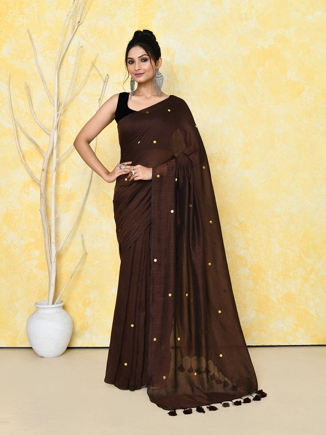 Piyari Fashion Women's Chocolate Brown Sequin Work Soft Pure Cotton Saree With Blouse Piece - Distacart