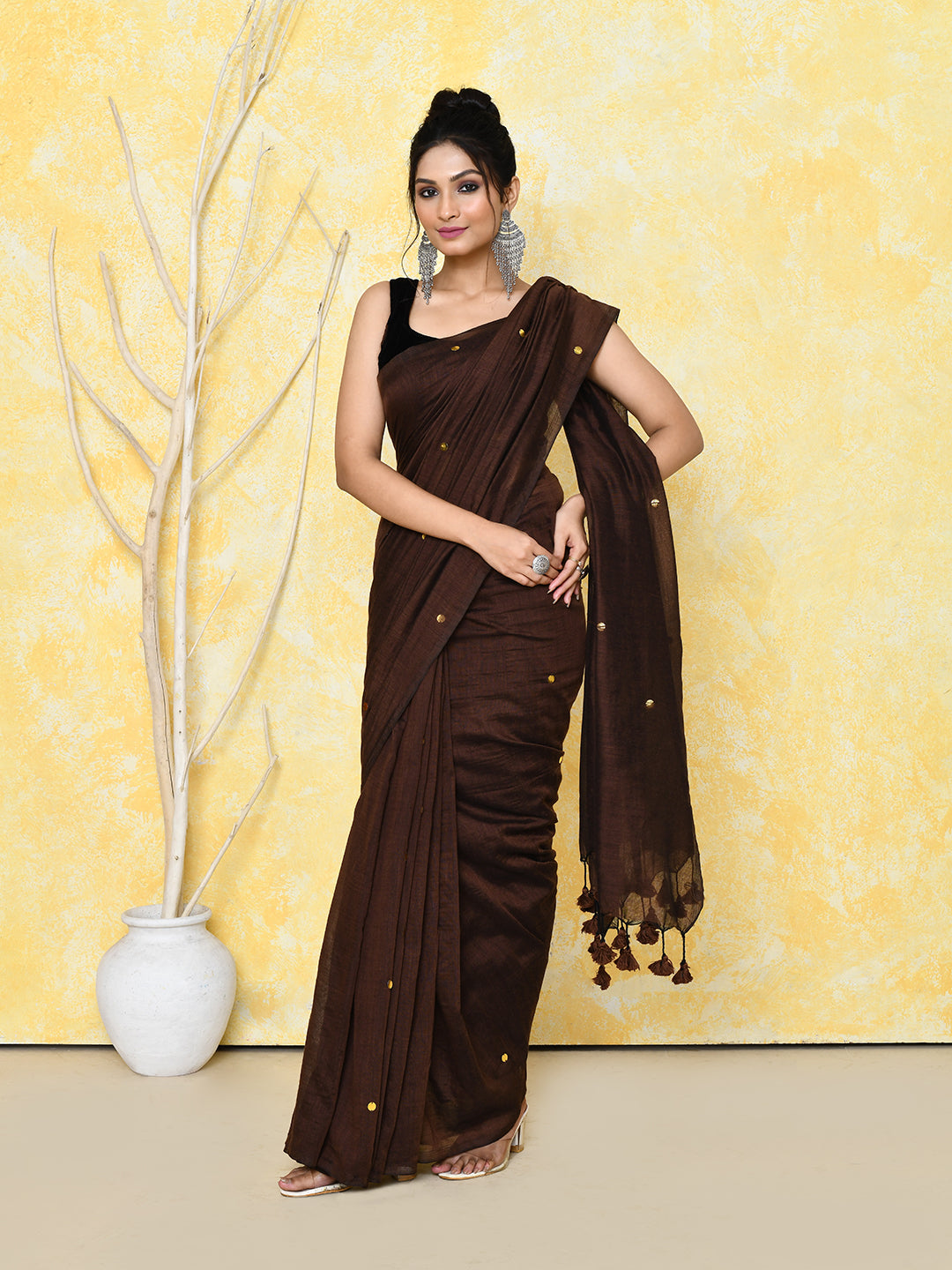 Piyari Fashion Women's Chocolate Brown Sequin Work Soft Pure Cotton Saree With Blouse Piece - Distacart