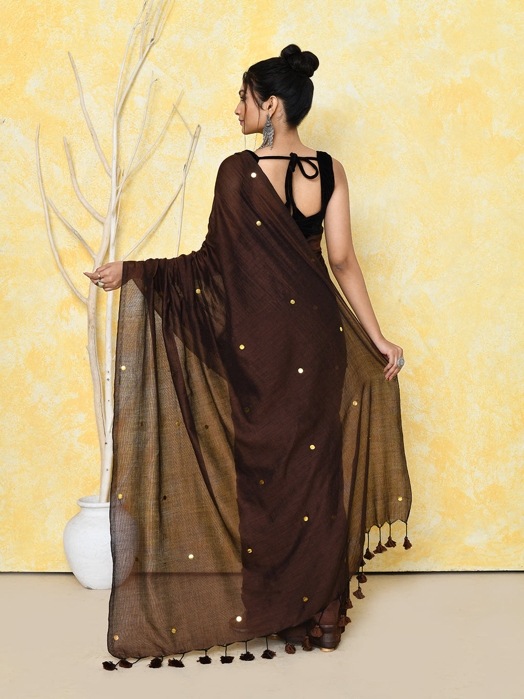 Piyari Fashion Women's Chocolate Brown Sequin Work Soft Pure Cotton Saree With Blouse Piece - Distacart
