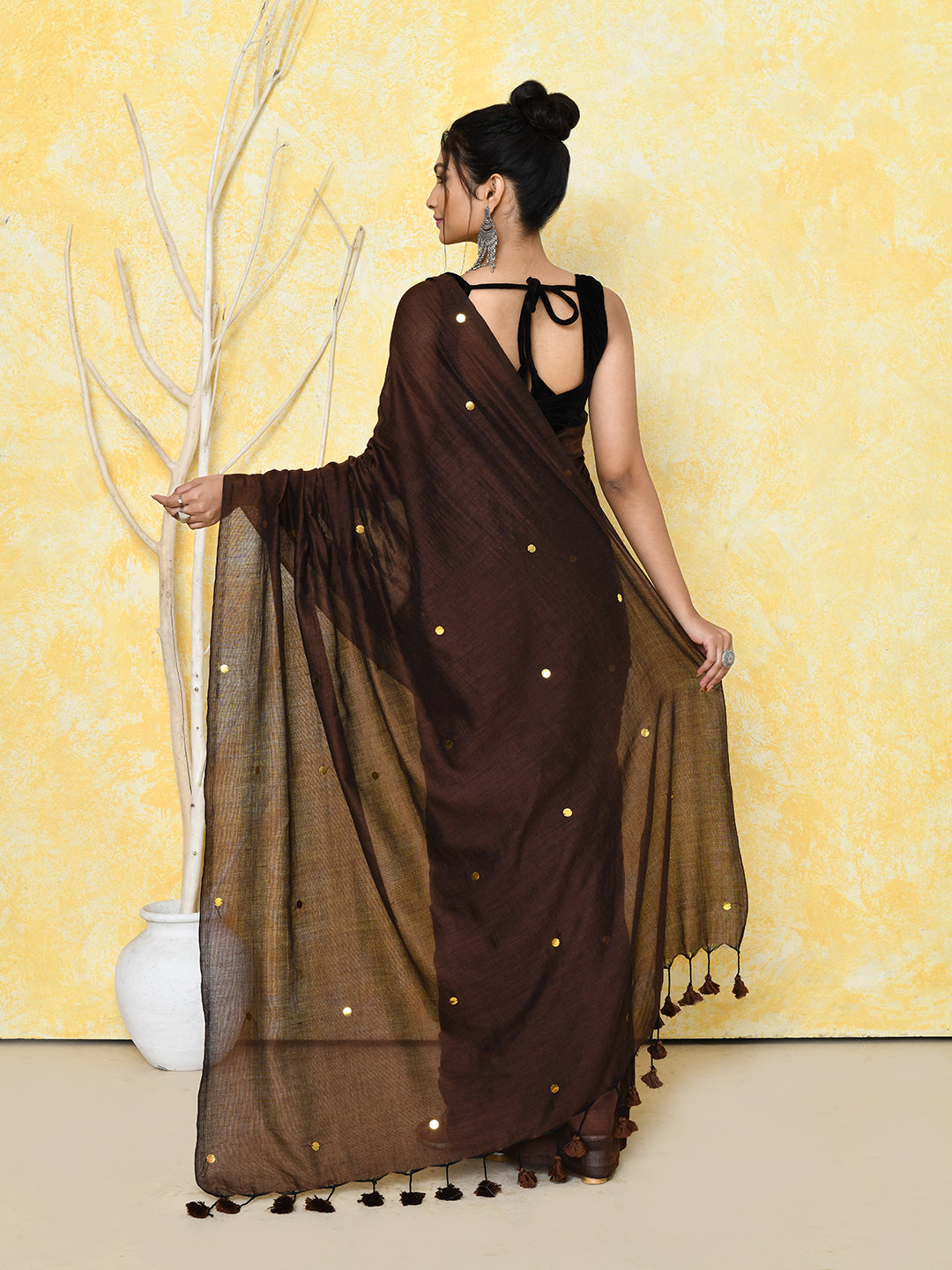 Piyari Fashion Women's Chocolate Brown Sequin Work Soft Pure Cotton Saree With Blouse Piece - Distacart