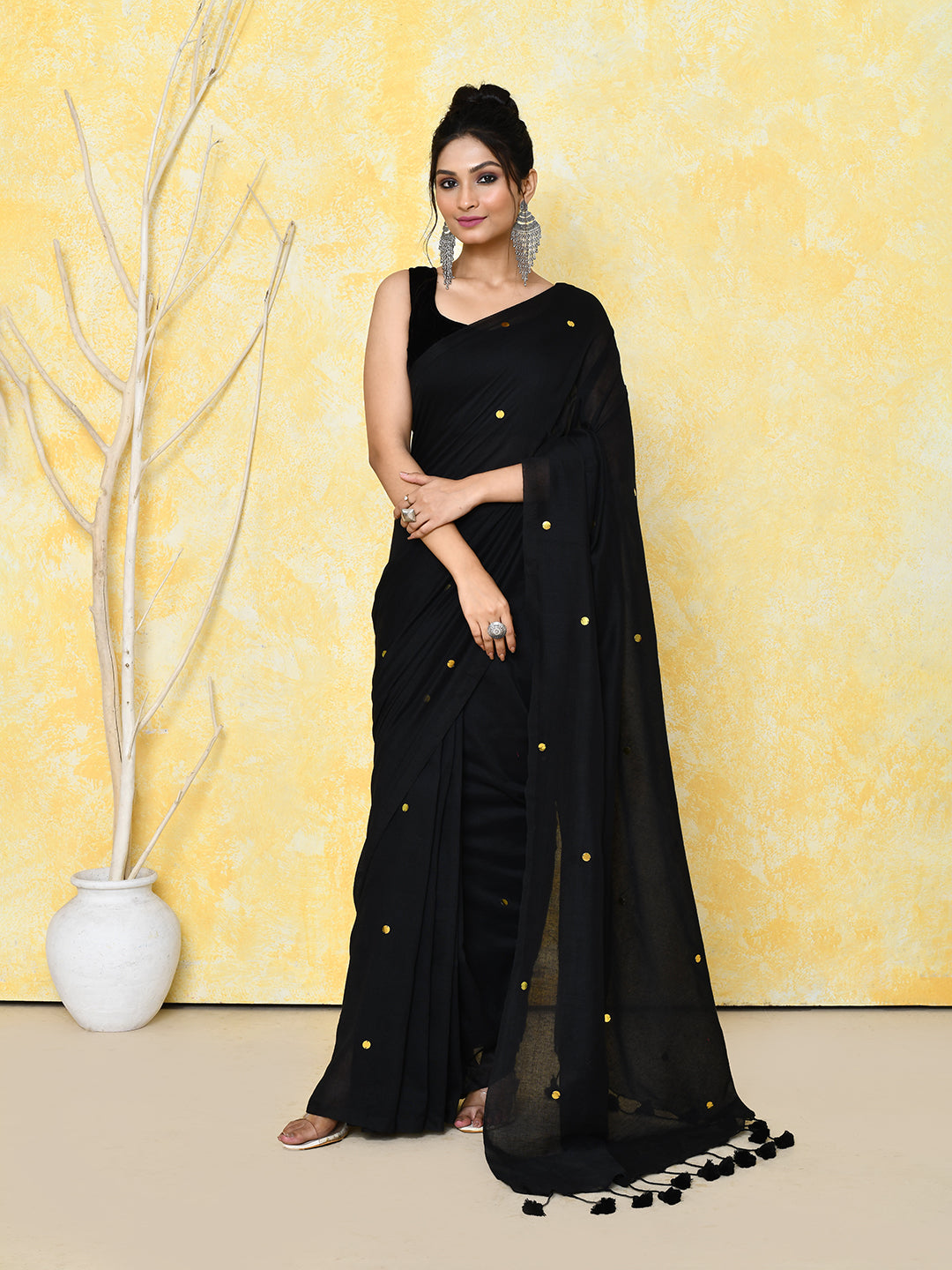 Piyari Fashion Women's Black Sequin Work Soft Pure Cotton Saree With Blouse Piece - Distacart