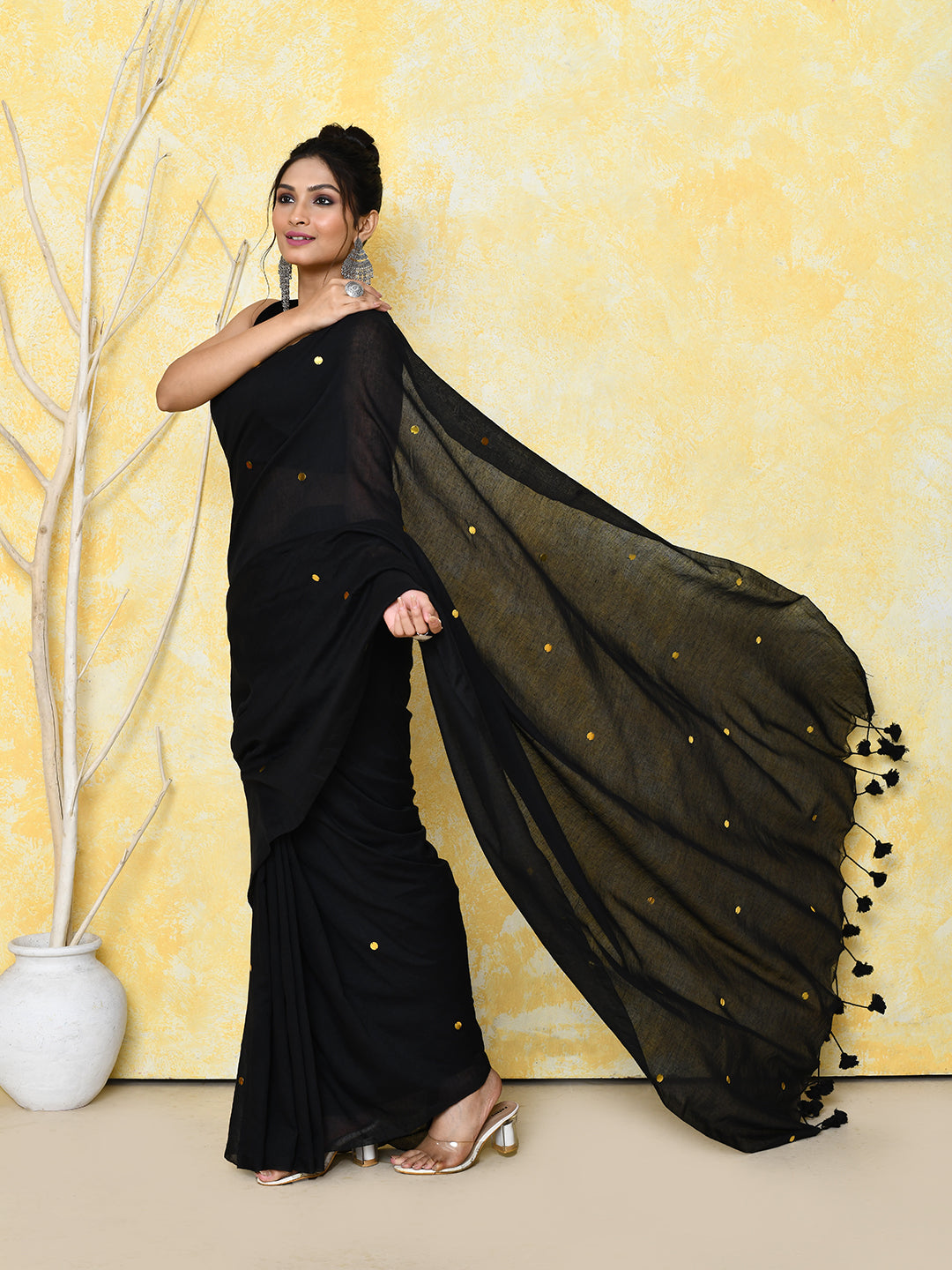 Piyari Fashion Women's Black Sequin Work Soft Pure Cotton Saree With Blouse Piece - Distacart