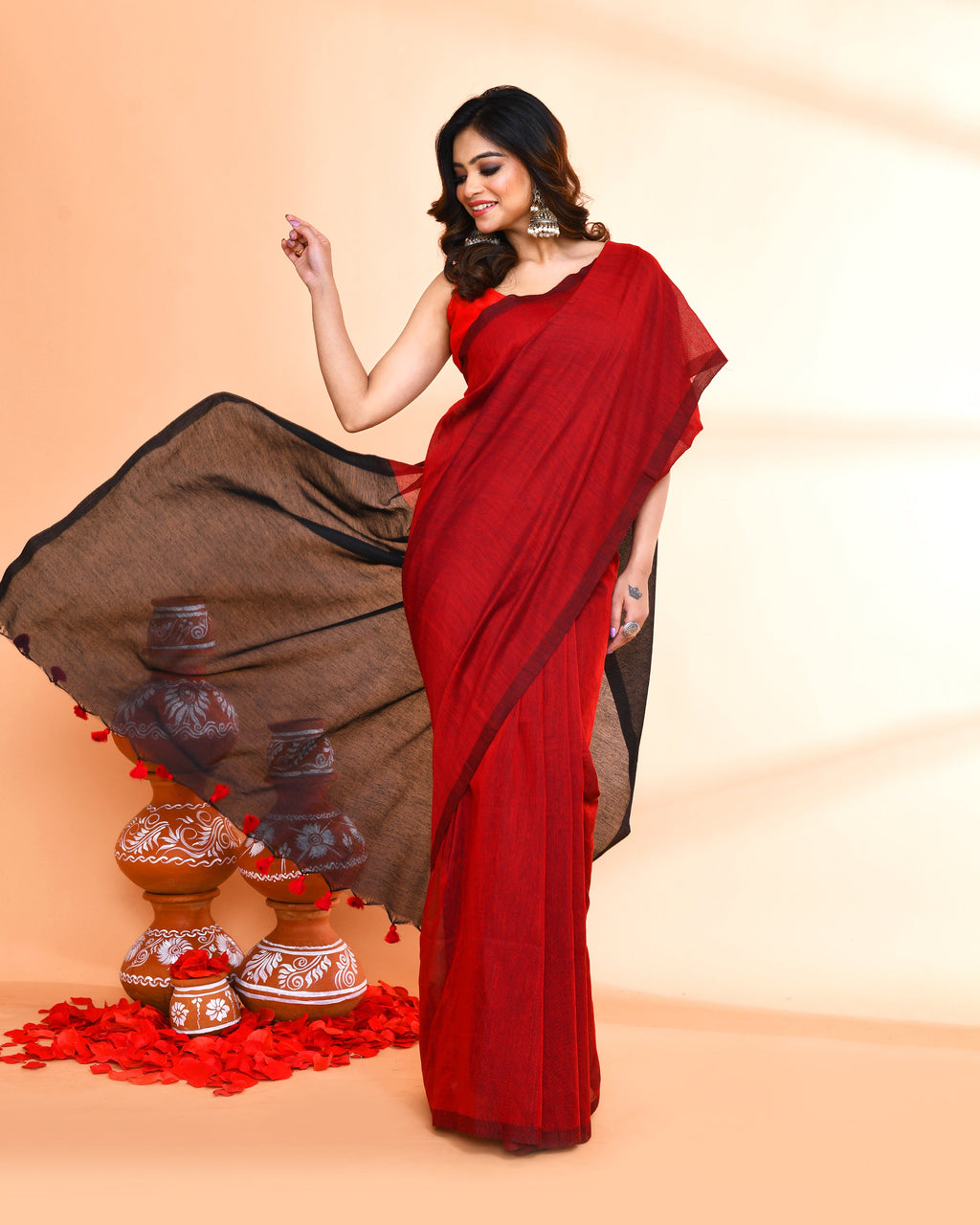 Piyari Fashion Handspun Cotton Red Handloom Saree With Blouse - Distacart