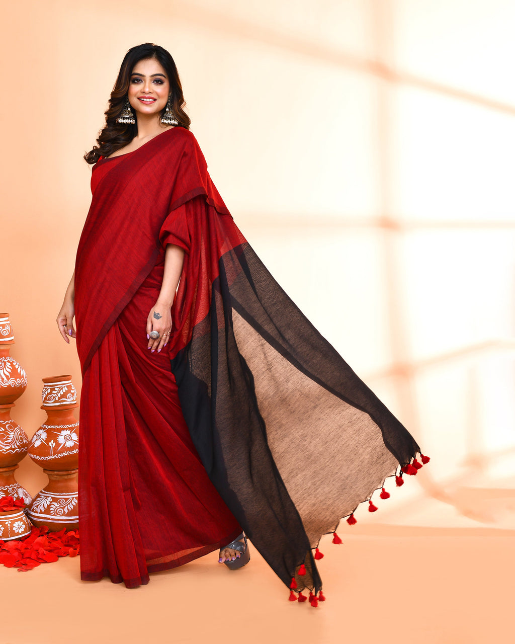 Piyari Fashion Handspun Cotton Red Handloom Saree With Blouse - Distacart