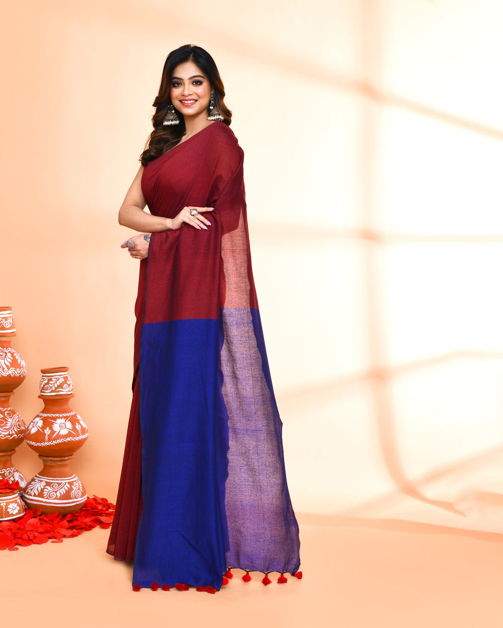 Piyari Fashion Handspun Cotton Maroon Handloom Saree With Blouse - Distacart