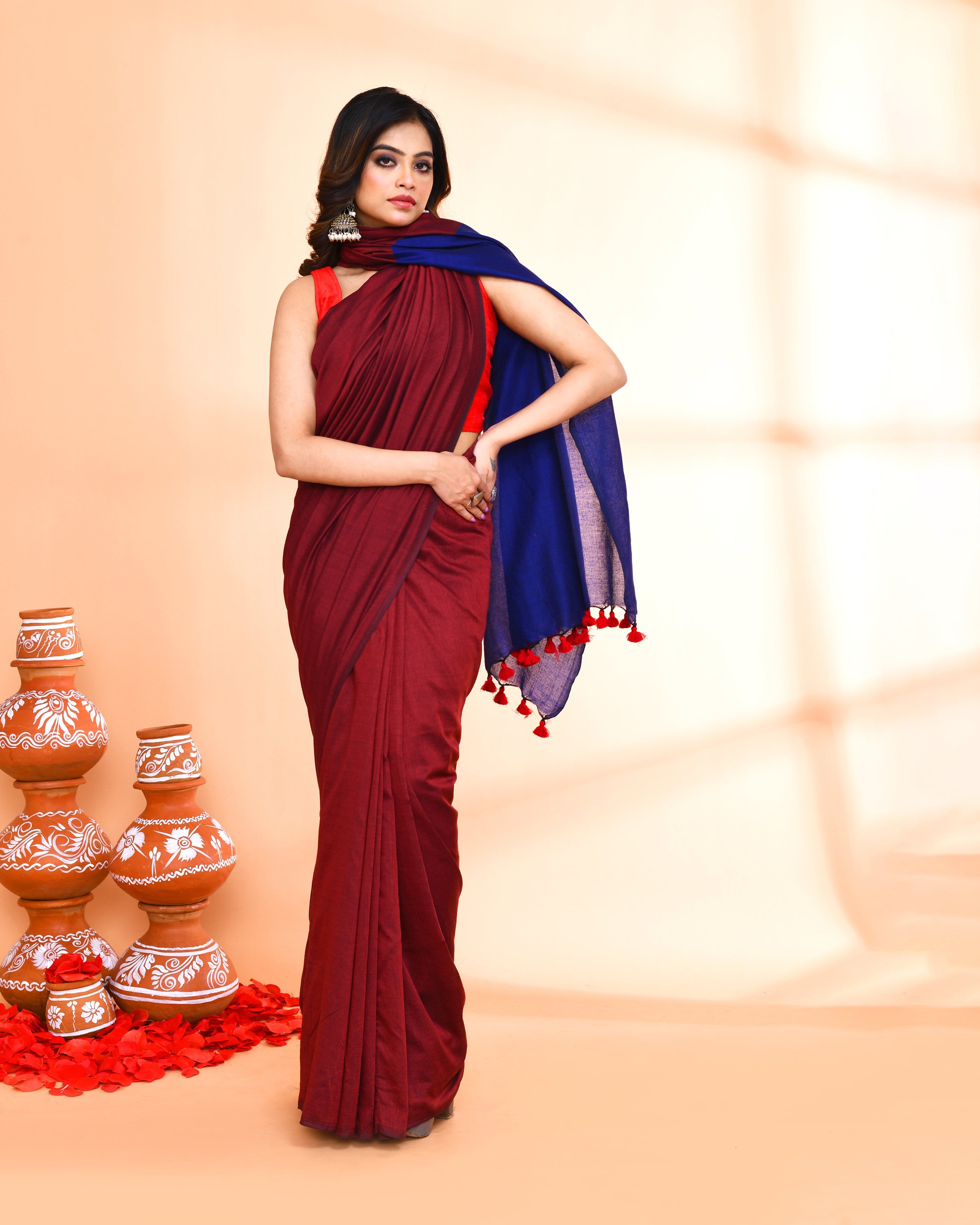 Piyari Fashion Handspun Cotton Maroon Handloom Saree With Blouse - Distacart