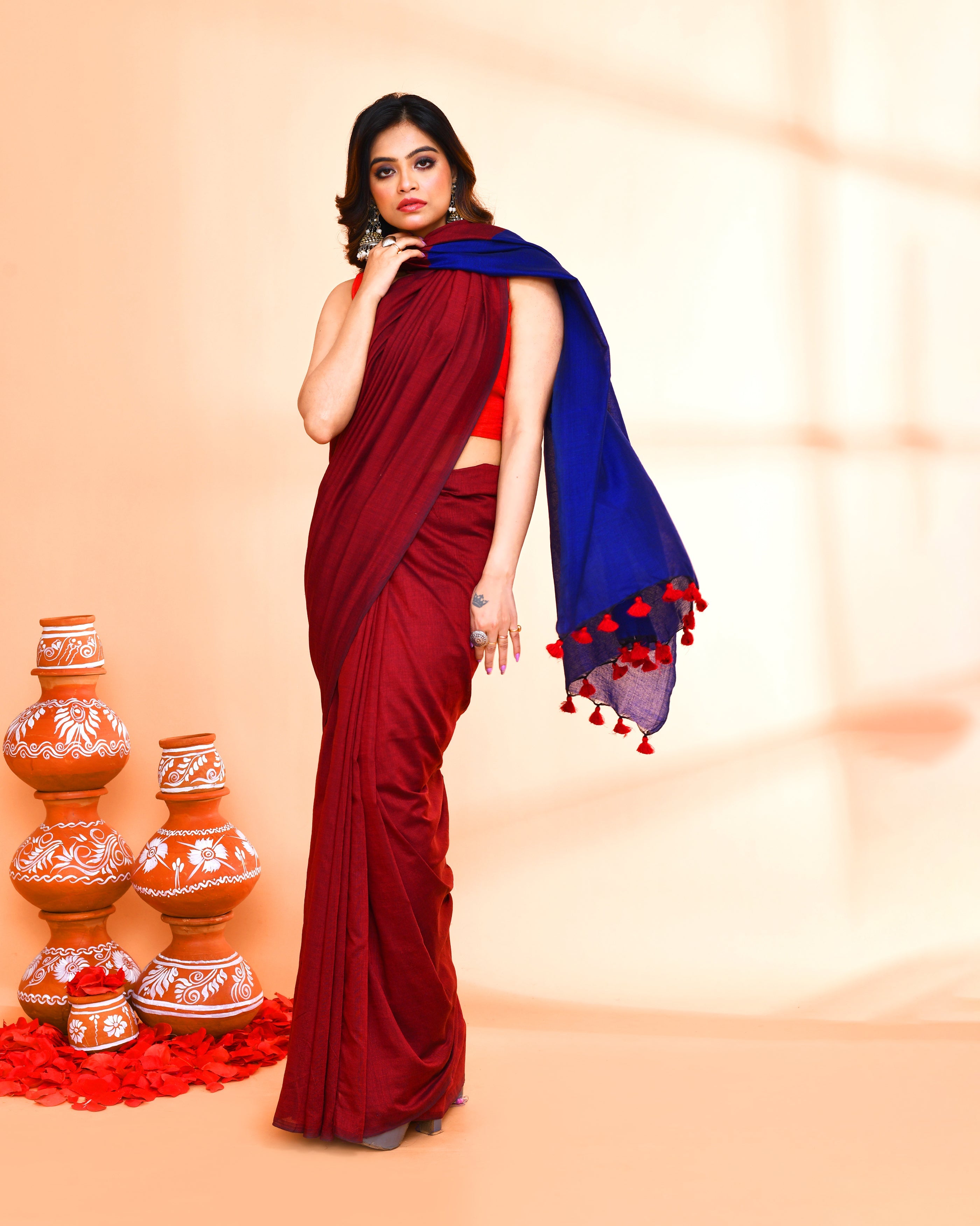 Piyari Fashion Handspun Cotton Maroon Handloom Saree With Blouse - Distacart