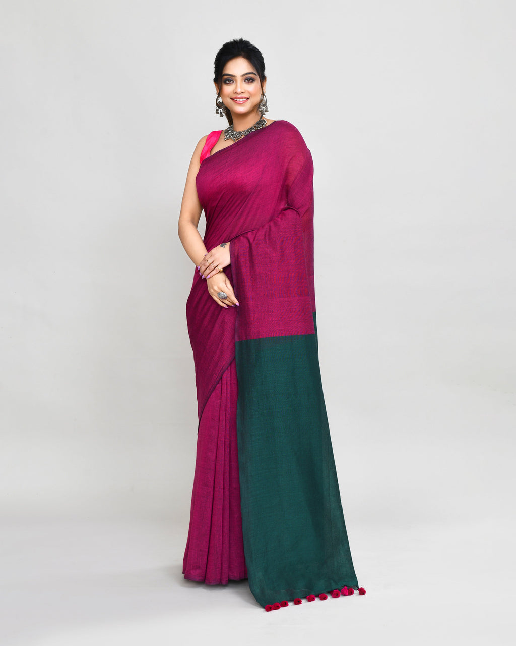 Piyari Fashion Handspun Cotton Rani Pink Handloom Saree With Blouse - Distacart