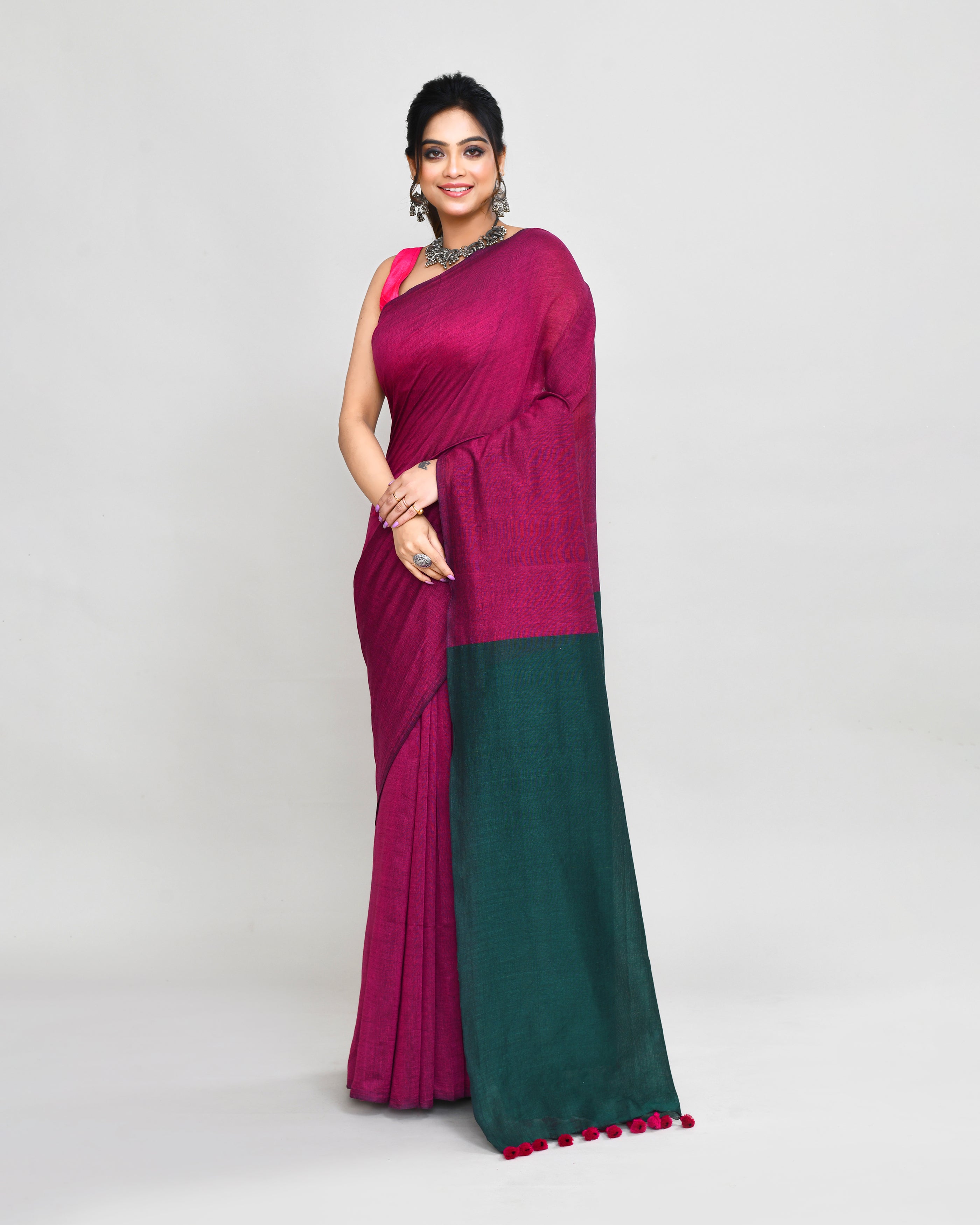 Piyari Fashion Handspun Cotton Rani Pink Handloom Saree With Blouse - Distacart