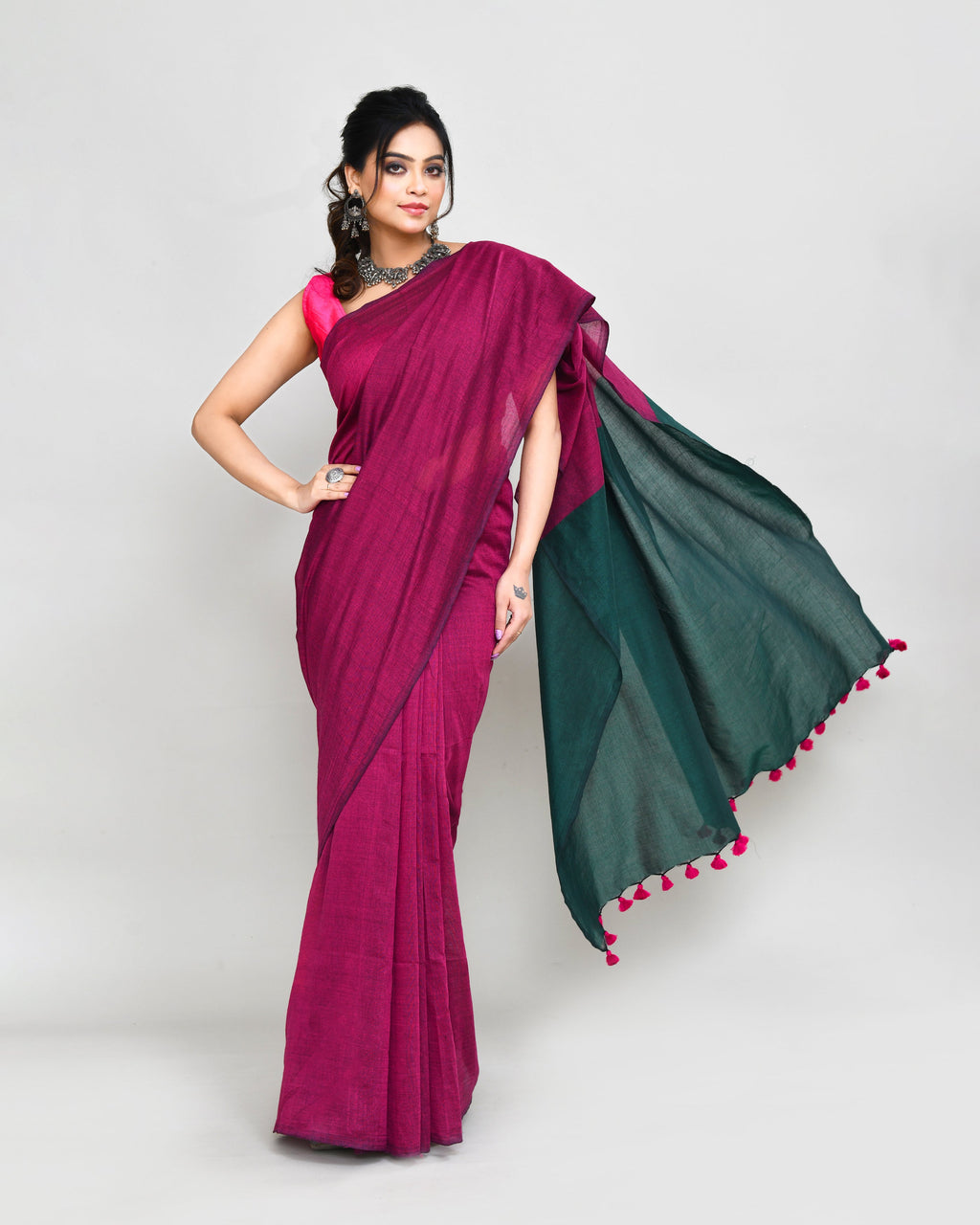 Piyari Fashion Handspun Cotton Rani Pink Handloom Saree With Blouse - Distacart