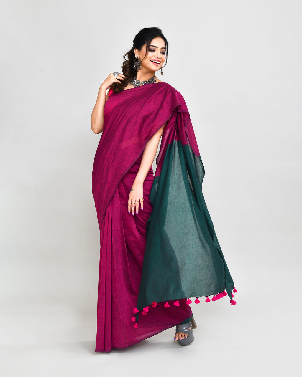 Piyari Fashion Handspun Cotton Rani Pink Handloom Saree With Blouse - Distacart