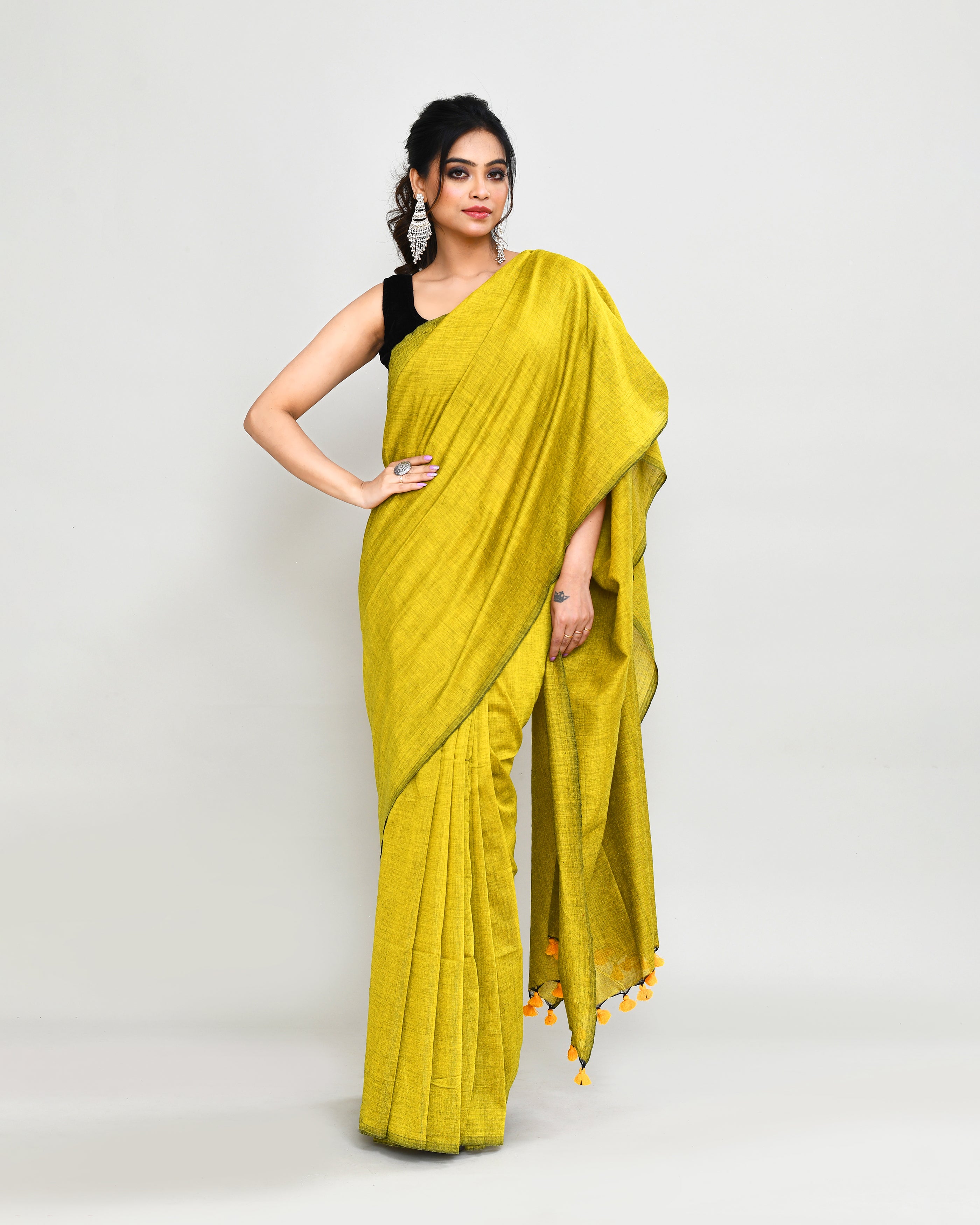 Piyari Fashion Handspun Cotton Lemon Handloom Saree With Blouse - Distacart