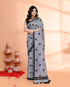 Piyari Fashion Handspun Printed Cotton Silver Grey Handloom Saree With Blouse - Distacart