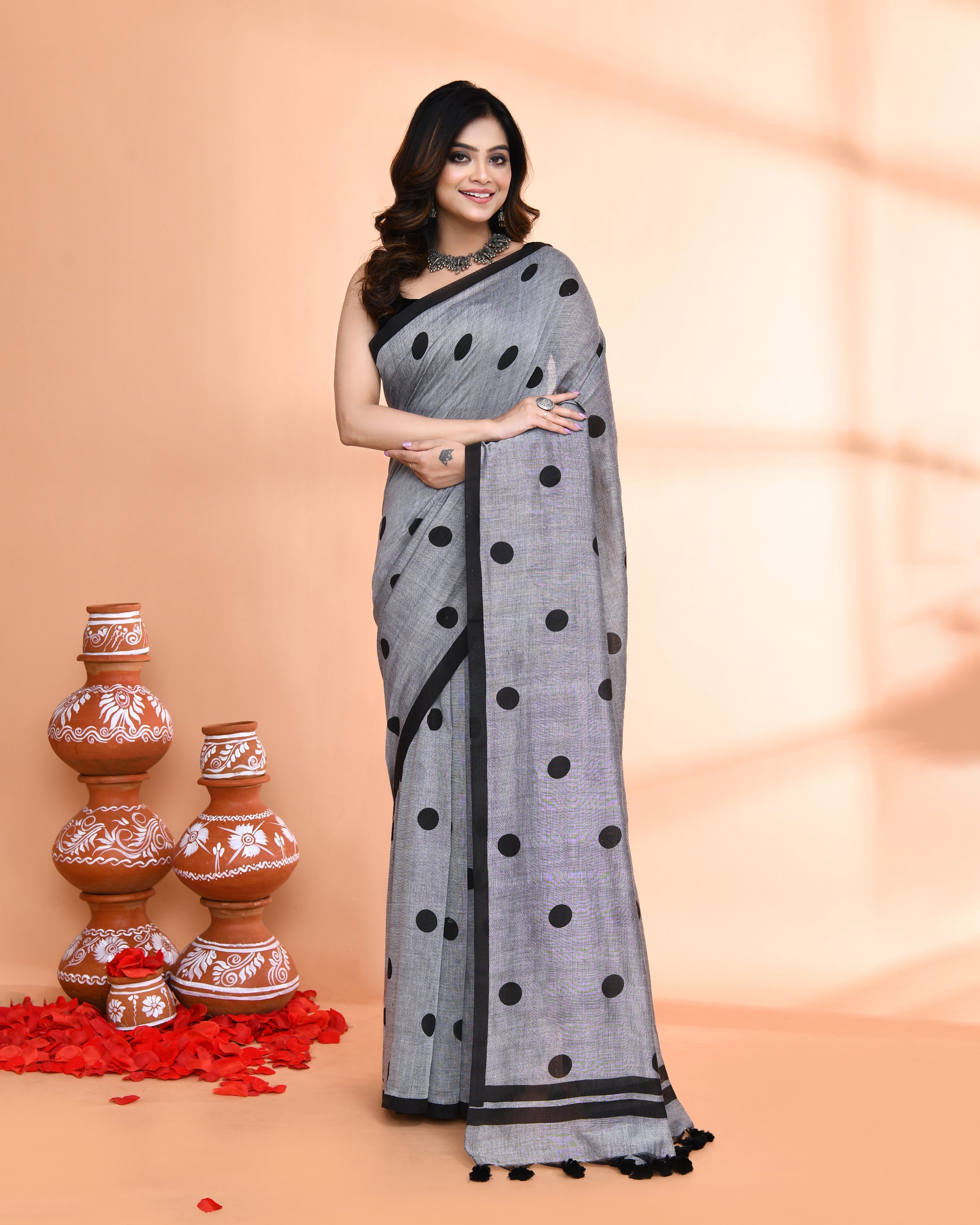 Piyari Fashion Handspun Printed Cotton Silver Grey Handloom Saree With Blouse - Distacart