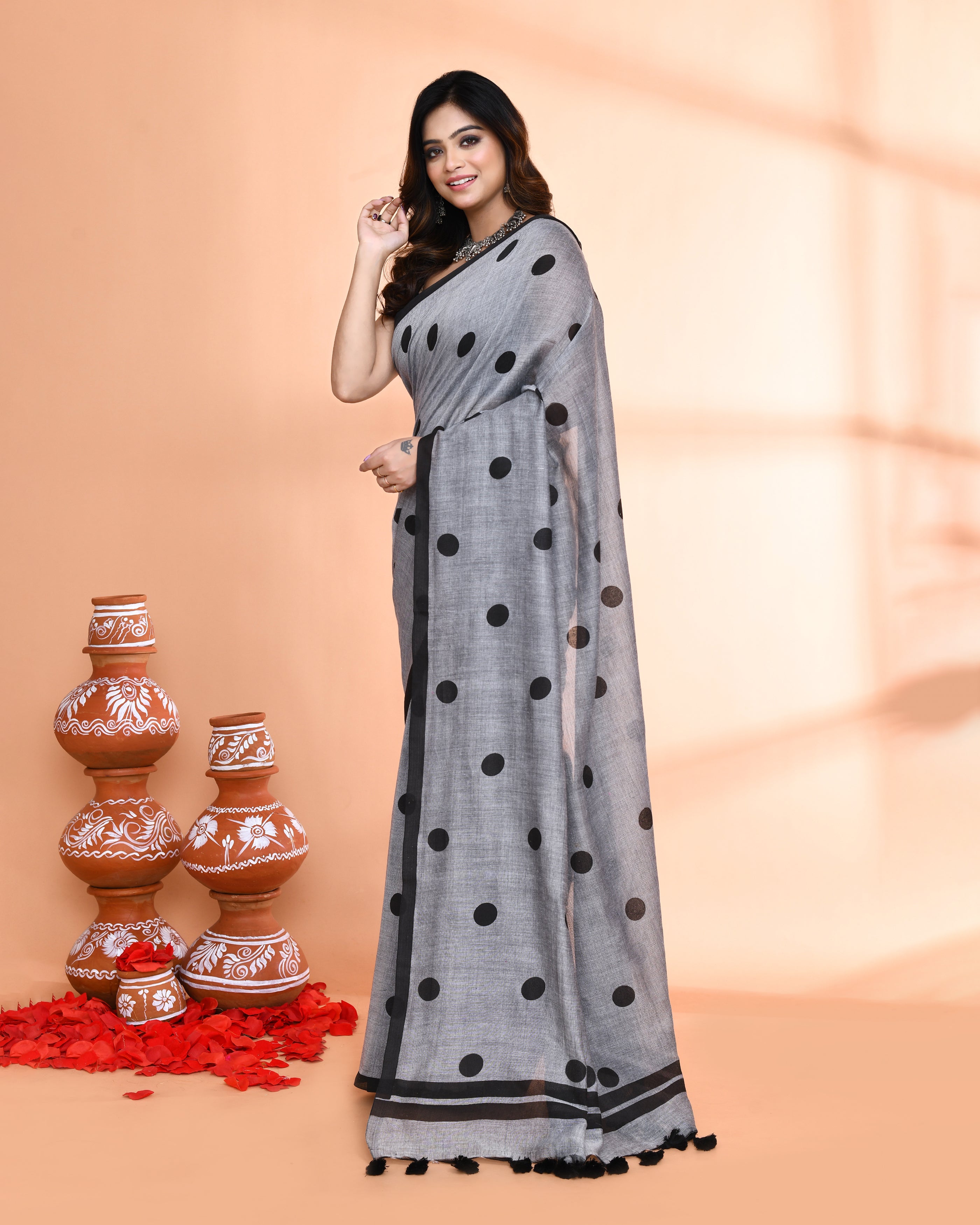 Piyari Fashion Handspun Printed Cotton Silver Grey Handloom Saree With Blouse - Distacart