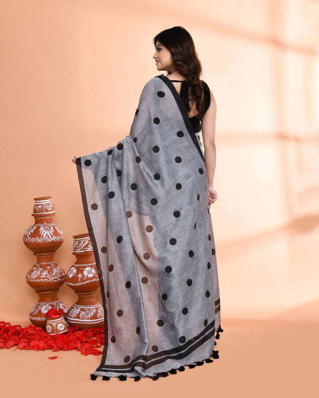 Piyari Fashion Handspun Printed Cotton Silver Grey Handloom Saree With Blouse - Distacart
