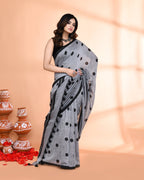Piyari Fashion Handspun Printed Cotton Silver Grey Handloom Saree With Blouse - Distacart