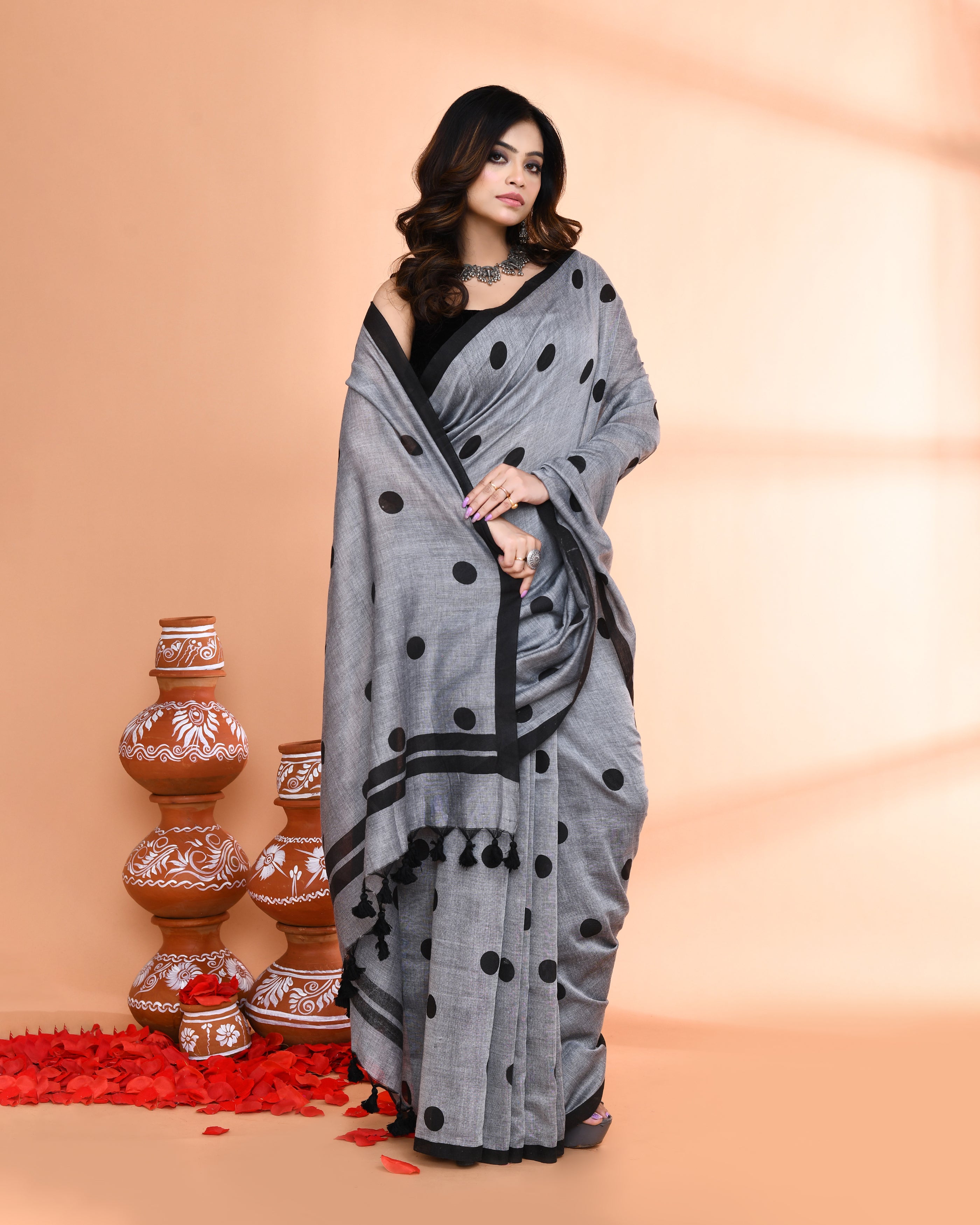 Piyari Fashion Handspun Printed Cotton Silver Grey Handloom Saree With Blouse - Distacart