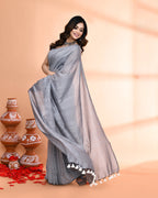 Piyari Fashion Handspun Cotton Silver Grey Handloom Saree With Blouse - Distacart