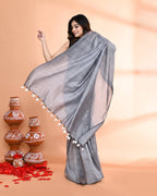 Piyari Fashion Handspun Cotton Silver Grey Handloom Saree With Blouse - Distacart