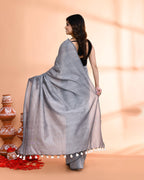 Piyari Fashion Handspun Cotton Silver Grey Handloom Saree With Blouse - Distacart