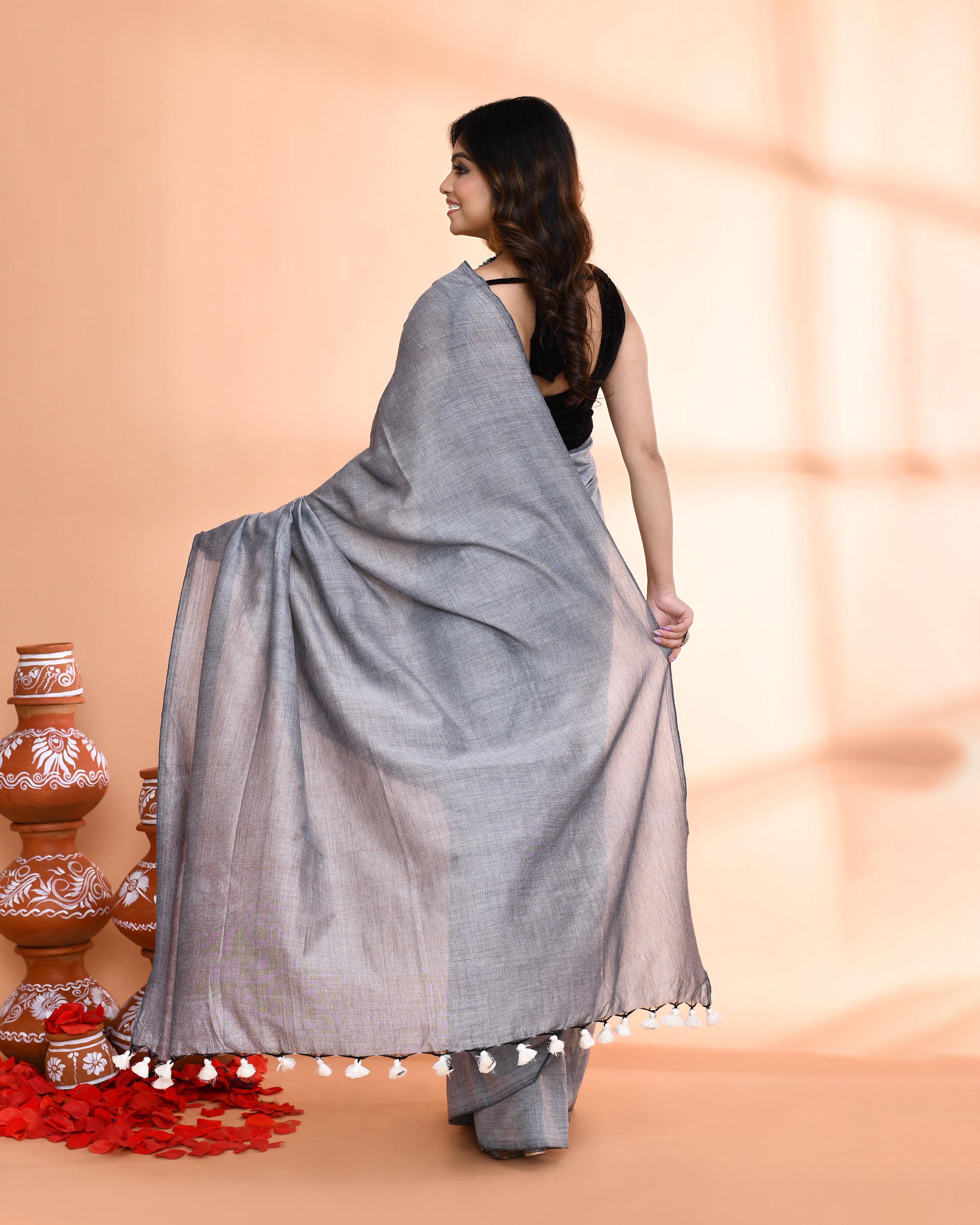 Piyari Fashion Handspun Cotton Silver Grey Handloom Saree With Blouse - Distacart