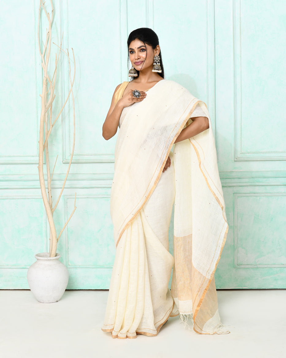 Piyari Fashion Women's White Handloom Linen Sequin Saree With Blouse - Distacart